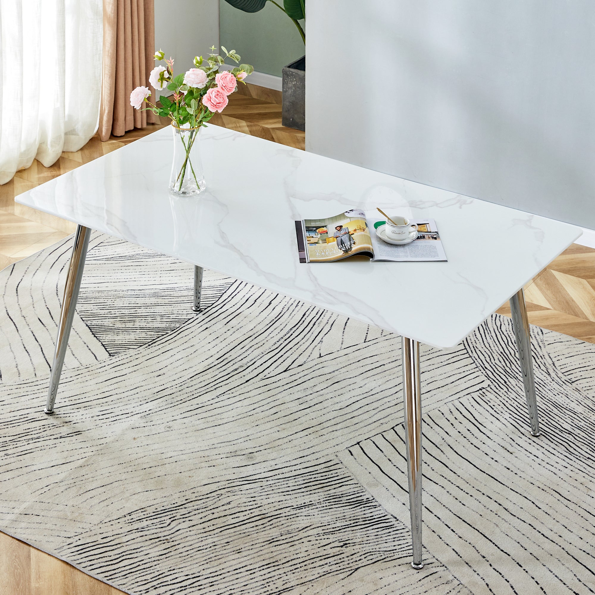 4 to 6 Seater Modern Minimalist Thick Tempered Marbled Glass Dining Table with Silver Metal Legs_1