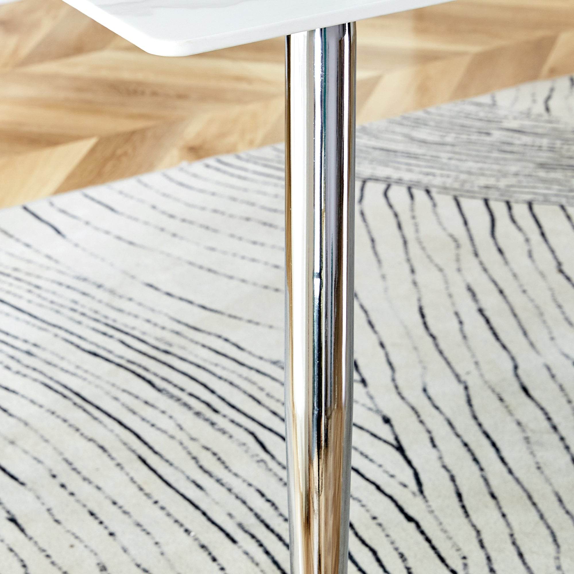 4 to 6 Seater Modern Minimalist Thick Tempered Marbled Glass Dining Table with Silver Metal Legs_13