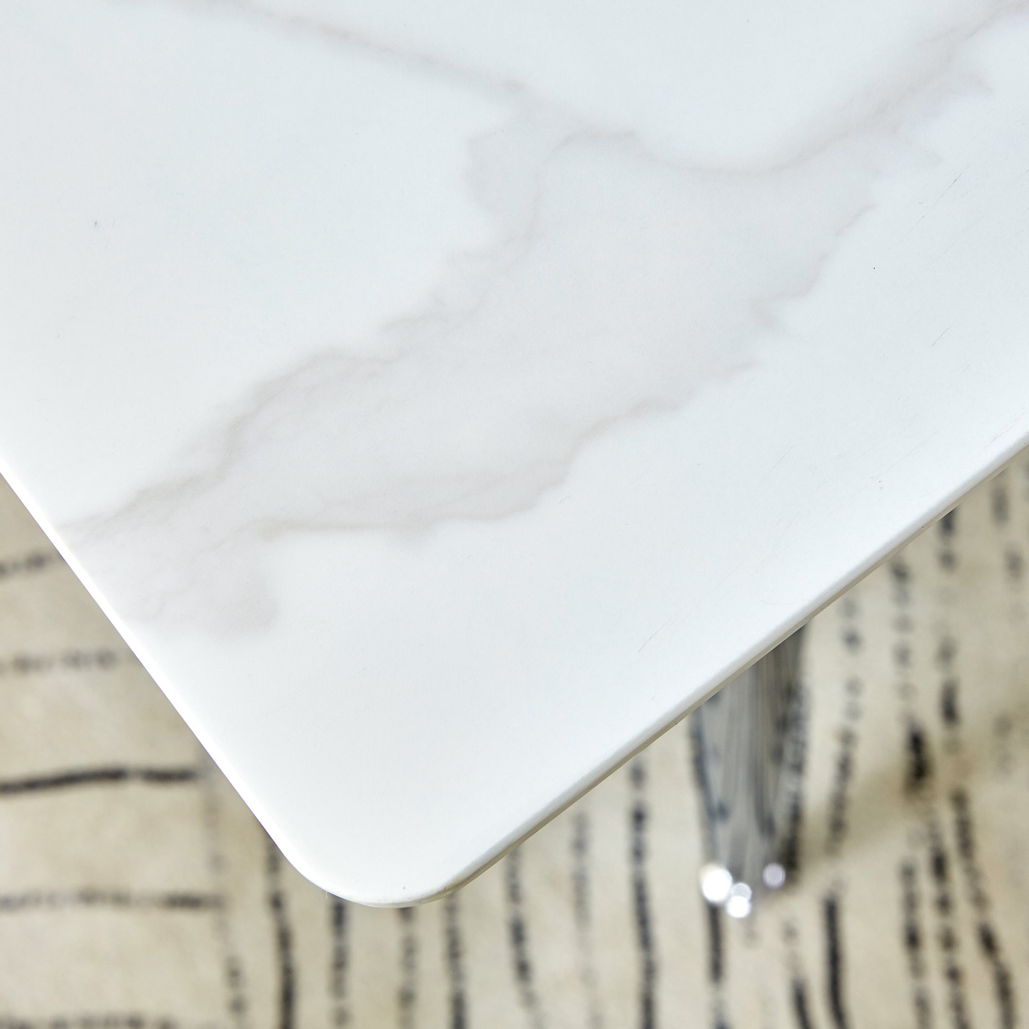 4 to 6 Seater Modern Minimalist Thick Tempered Marbled Glass Dining Table with Silver Metal Legs_11