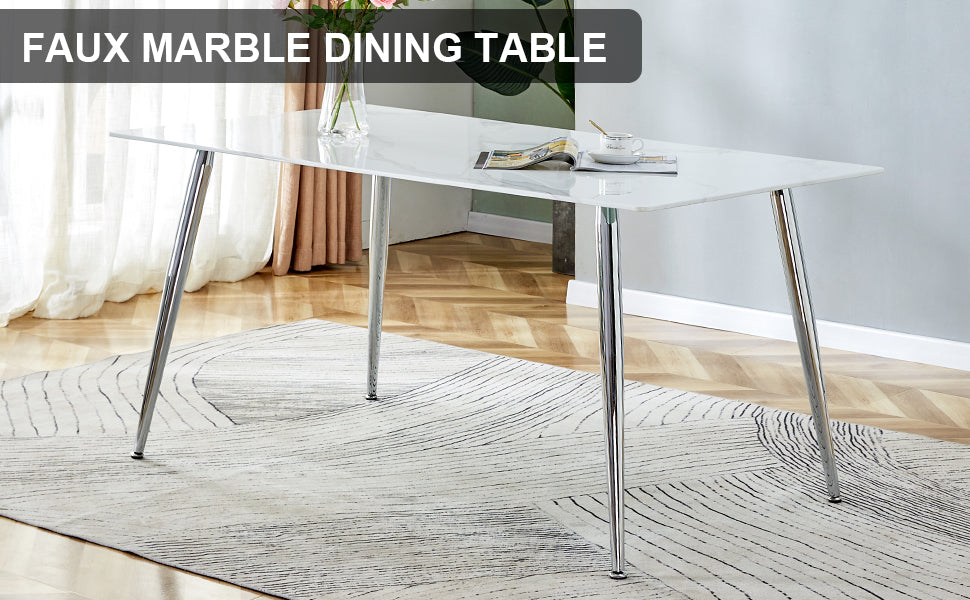 4 to 6 Seater Modern Minimalist Thick Tempered Marbled Glass Dining Table with Silver Metal Legs_27
