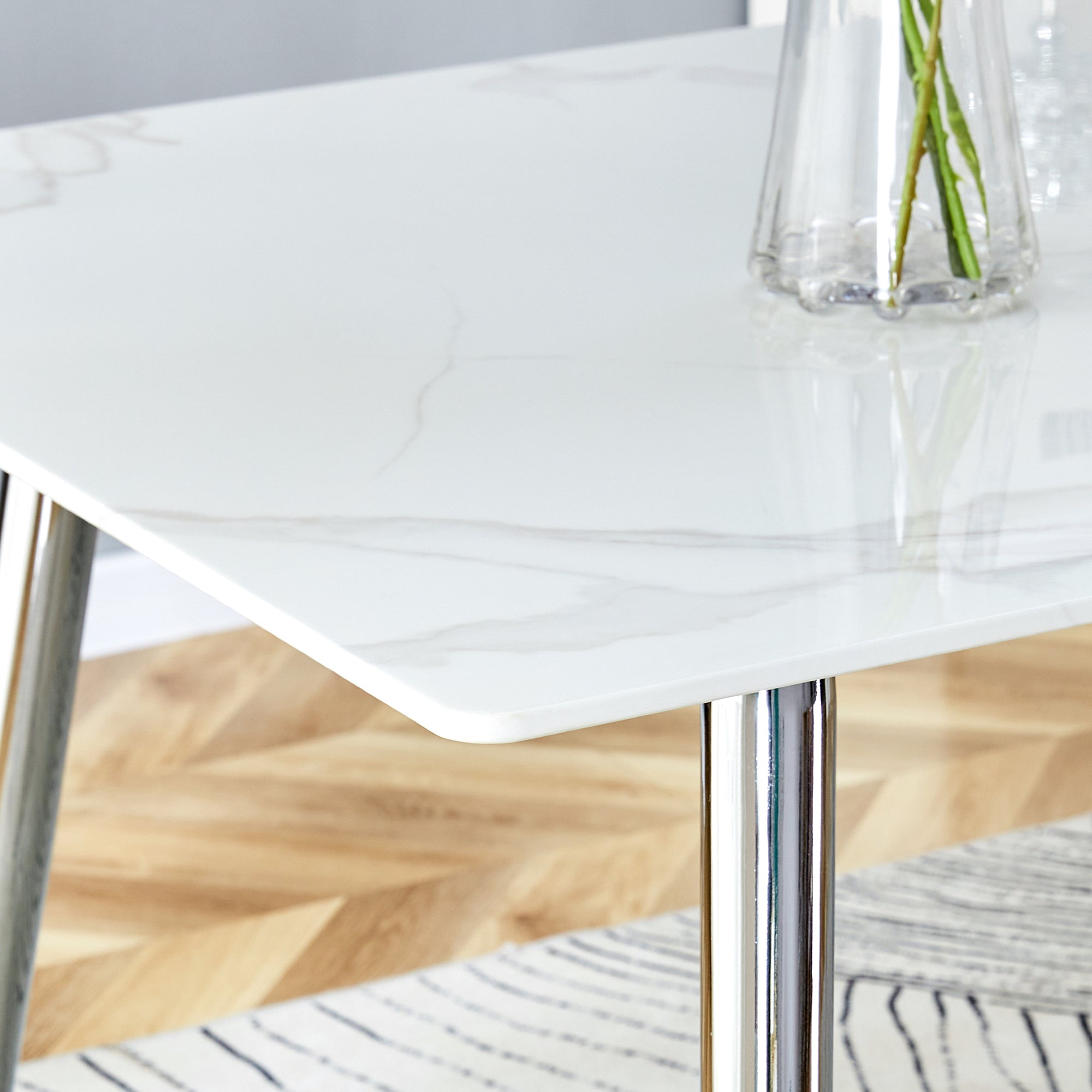 4 to 6 Seater Modern Minimalist Thick Tempered Marbled Glass Dining Table with Silver Metal Legs_10