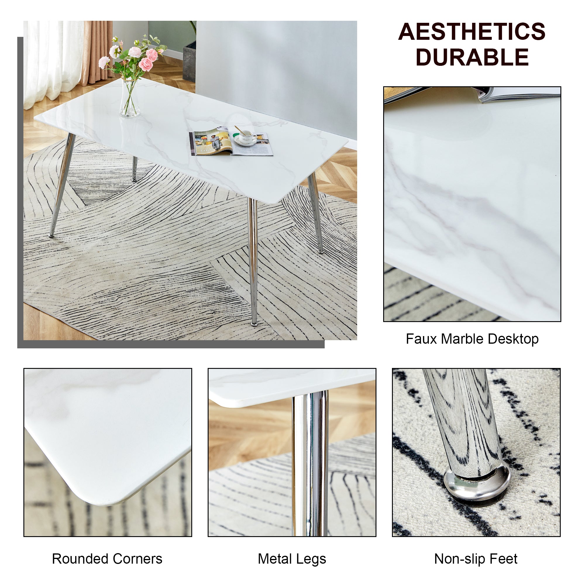 4 to 6 Seater Modern Minimalist Thick Tempered Marbled Glass Dining Table with Silver Metal Legs_20