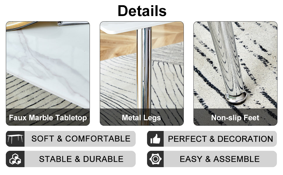 4 to 6 Seater Modern Minimalist Thick Tempered Marbled Glass Dining Table with Silver Metal Legs_26