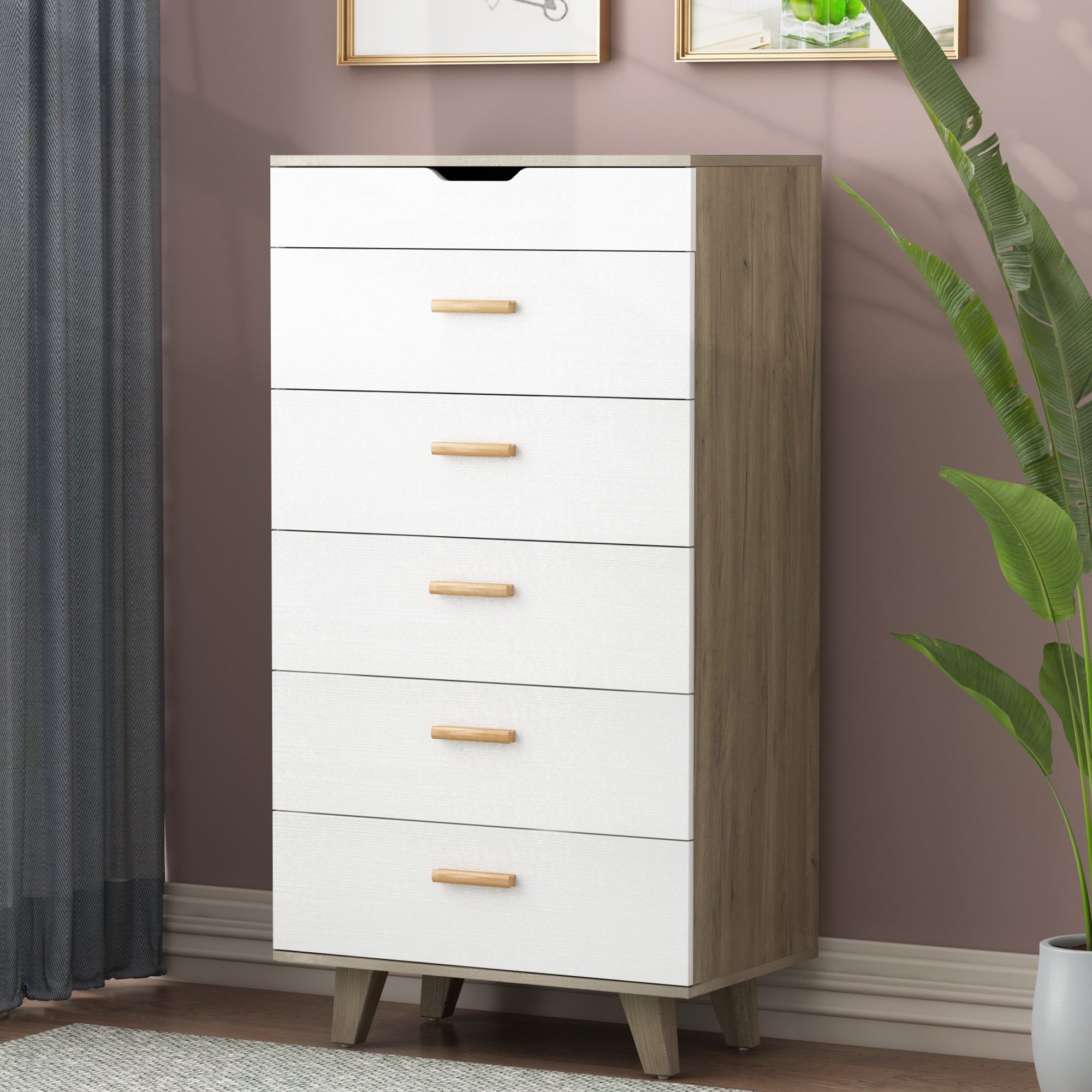 Modern Design Solid Wood Drawer Dresser Cabinet with Makeup Mirror-White Oak_1