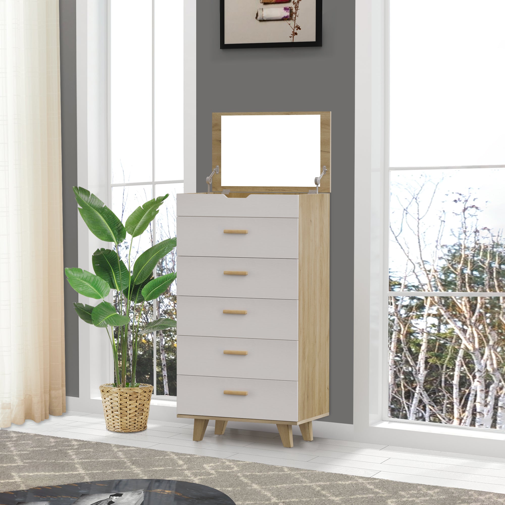 Modern Design Solid Wood Drawer Dresser Cabinet with Makeup Mirror-White Oak_6