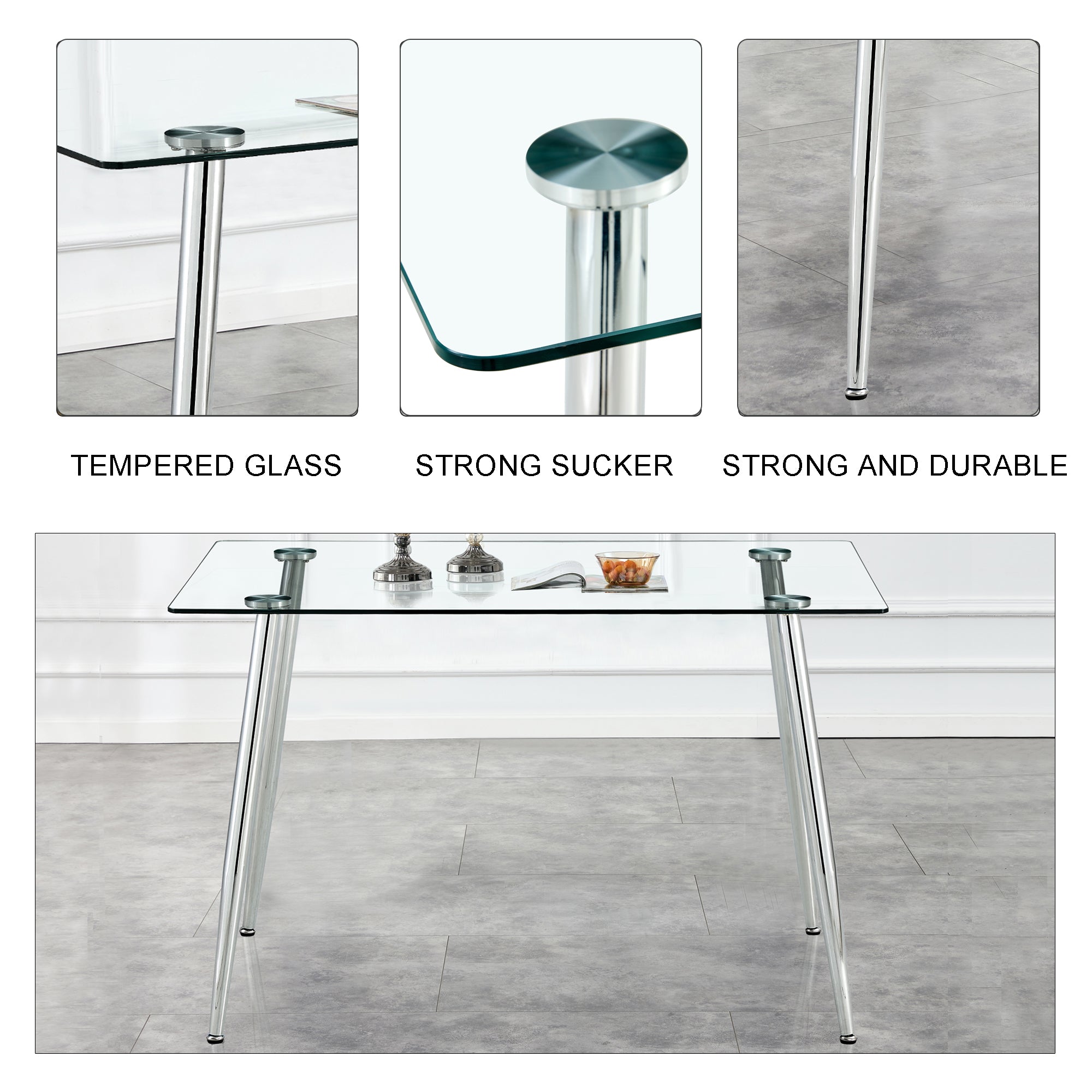 Set of 5 Tempered Glass Dining Table with Dining Chairs- Transparent Table+White Chairs_11