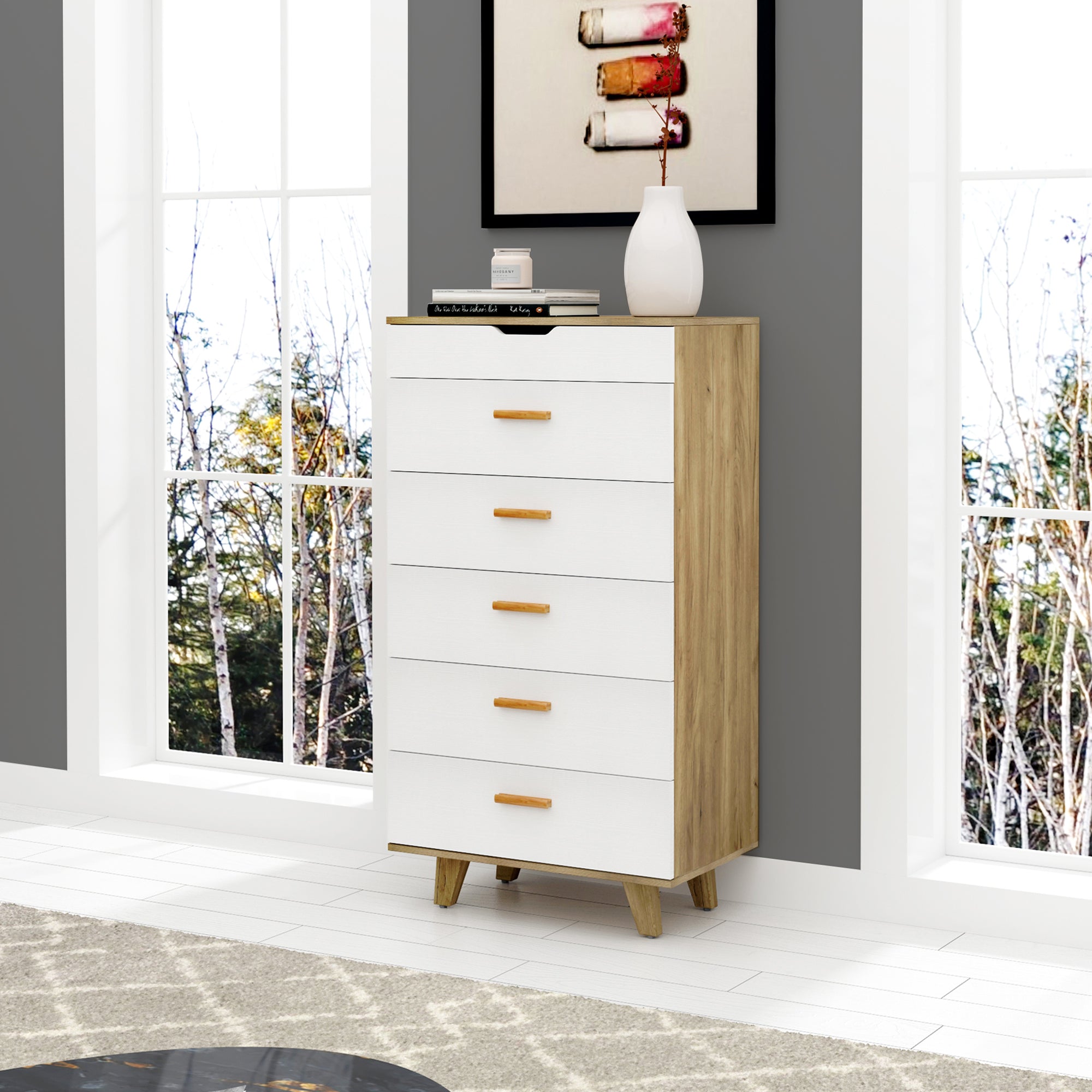 Modern Design Solid Wood Drawer Dresser Cabinet with Makeup Mirror-White Oak_5