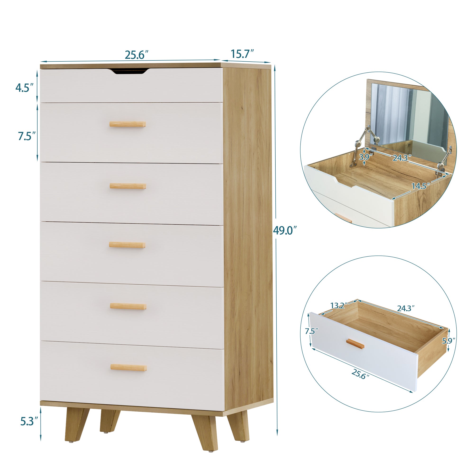 Modern Design Solid Wood Drawer Dresser Cabinet with Makeup Mirror-White Oak_14