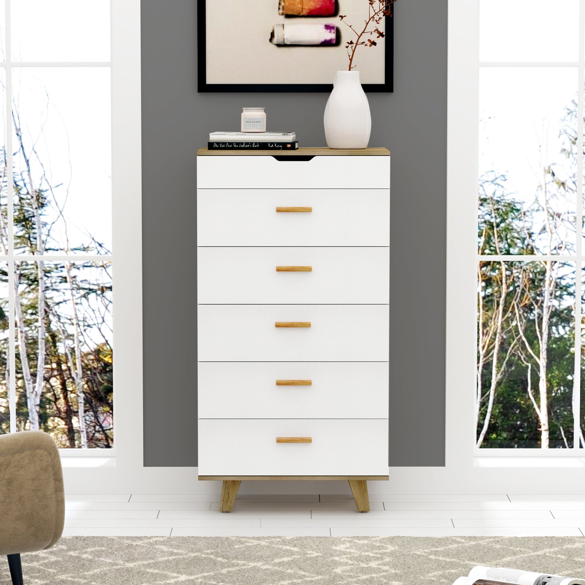 Modern Design Solid Wood Drawer Dresser Cabinet with Makeup Mirror-White Oak_4