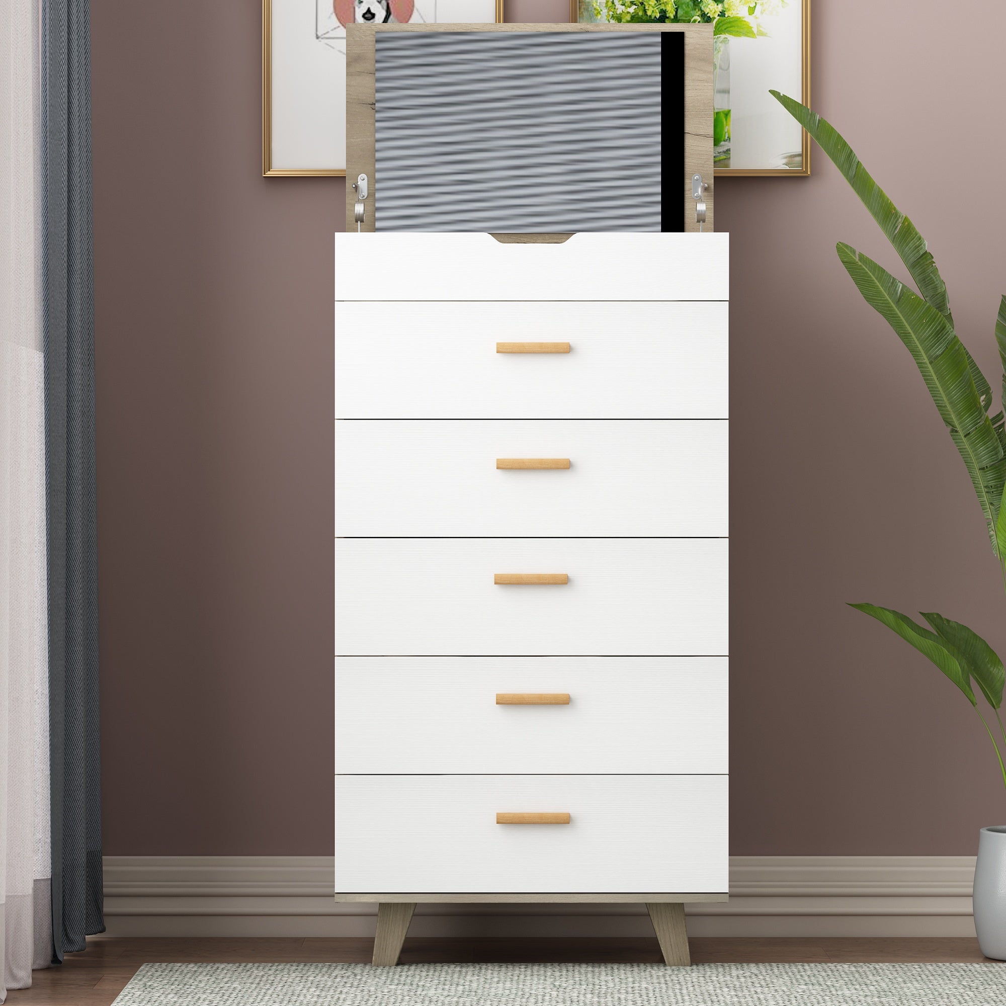 Modern Design Solid Wood Drawer Dresser Cabinet with Makeup Mirror-White Oak_2