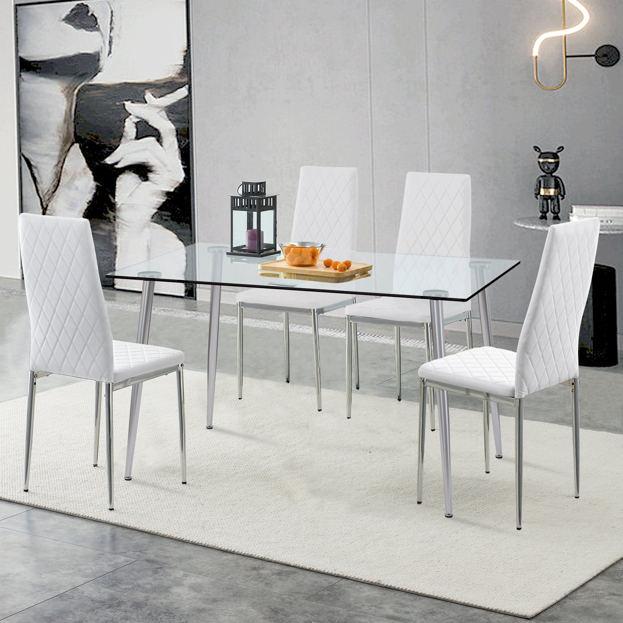 Set of 5 Tempered Glass Dining Table with Dining Chairs- Transparent Table+White Chairs_1