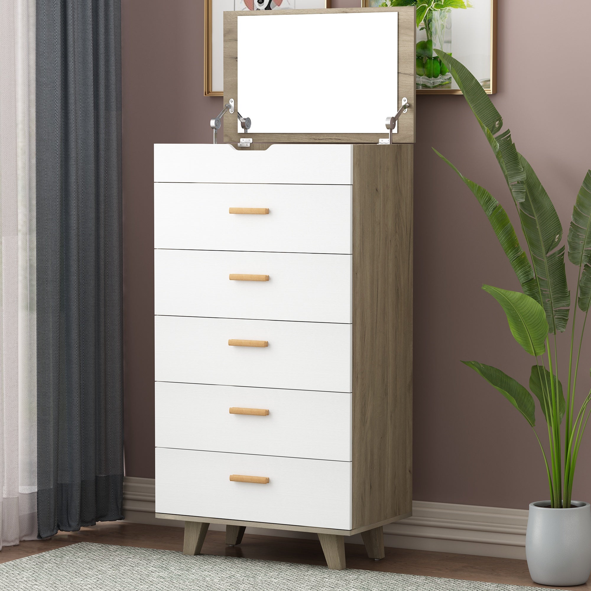 Modern Design Solid Wood Drawer Dresser Cabinet with Makeup Mirror-White Oak_3