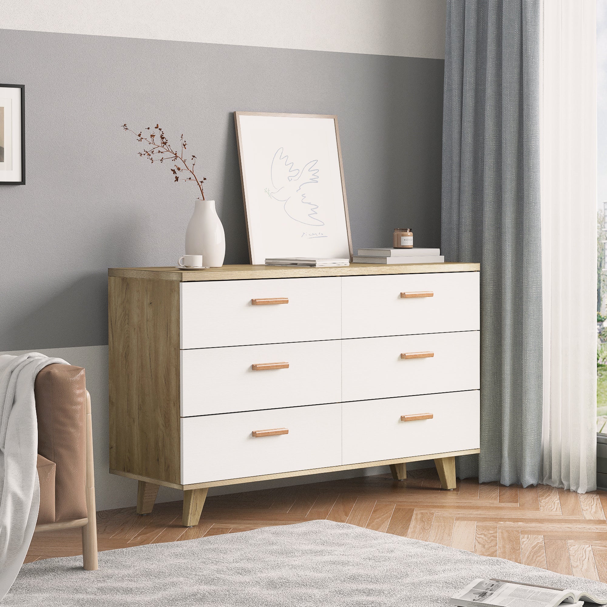 6-Drawer Dresser Storage Cabinet for Bedroom and Living Room Spaces- White Oak_4