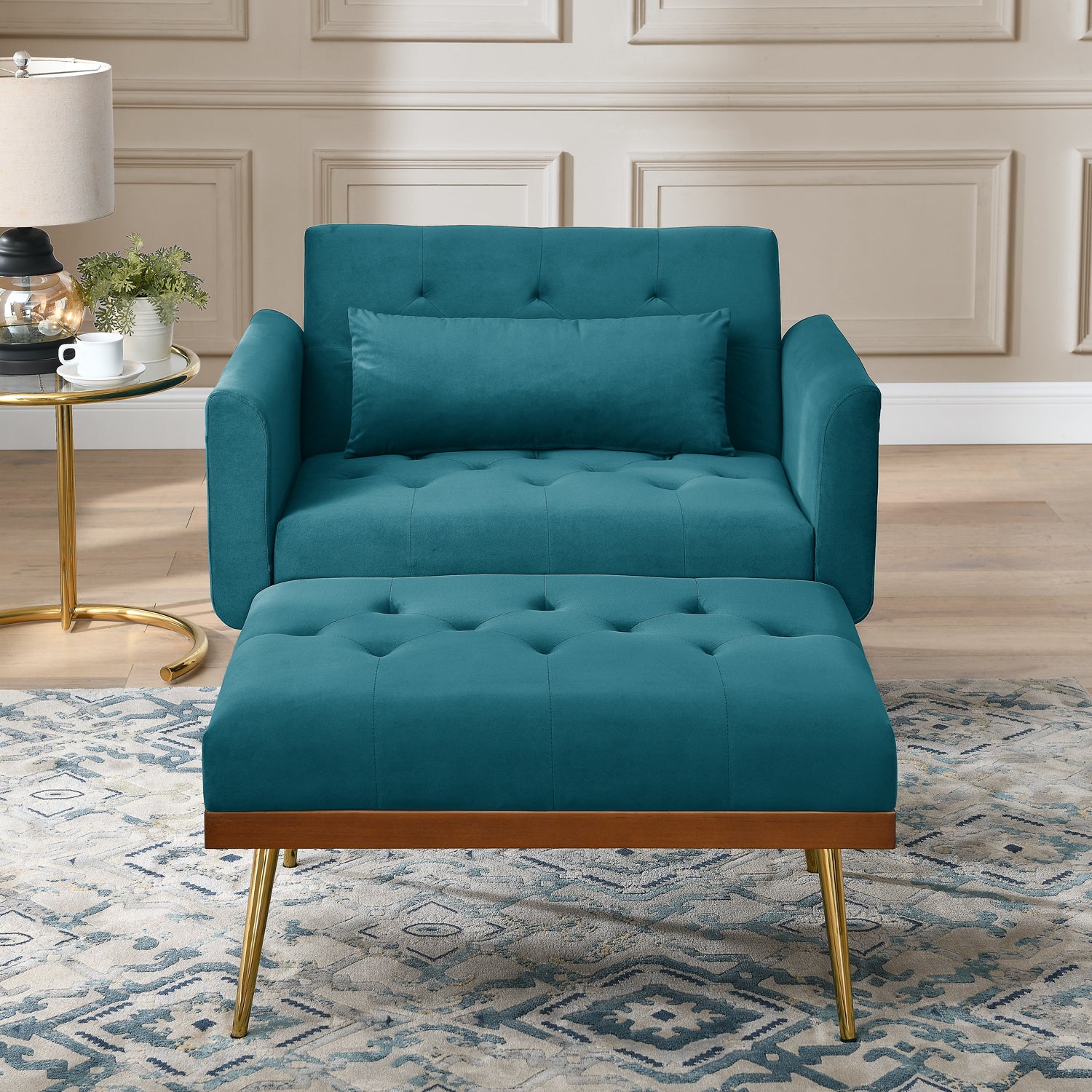 Recline Sofa Chair with Ottoman Two Arm Pocket and Wooden Frame include 1 Pillow, Teal (40.5"x33"x32")_2