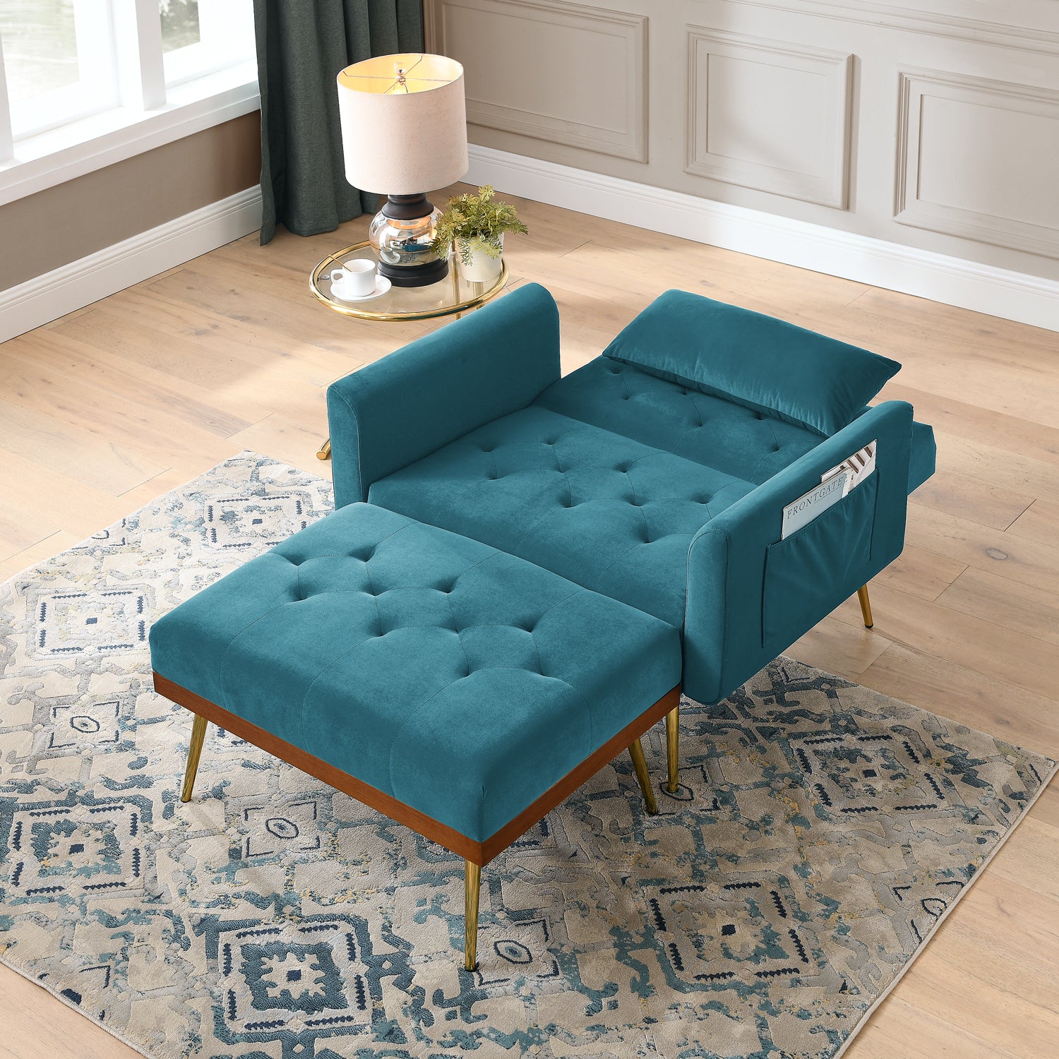 Recline Sofa Chair with Ottoman Two Arm Pocket and Wooden Frame include 1 Pillow, Teal (40.5"x33"x32")_3