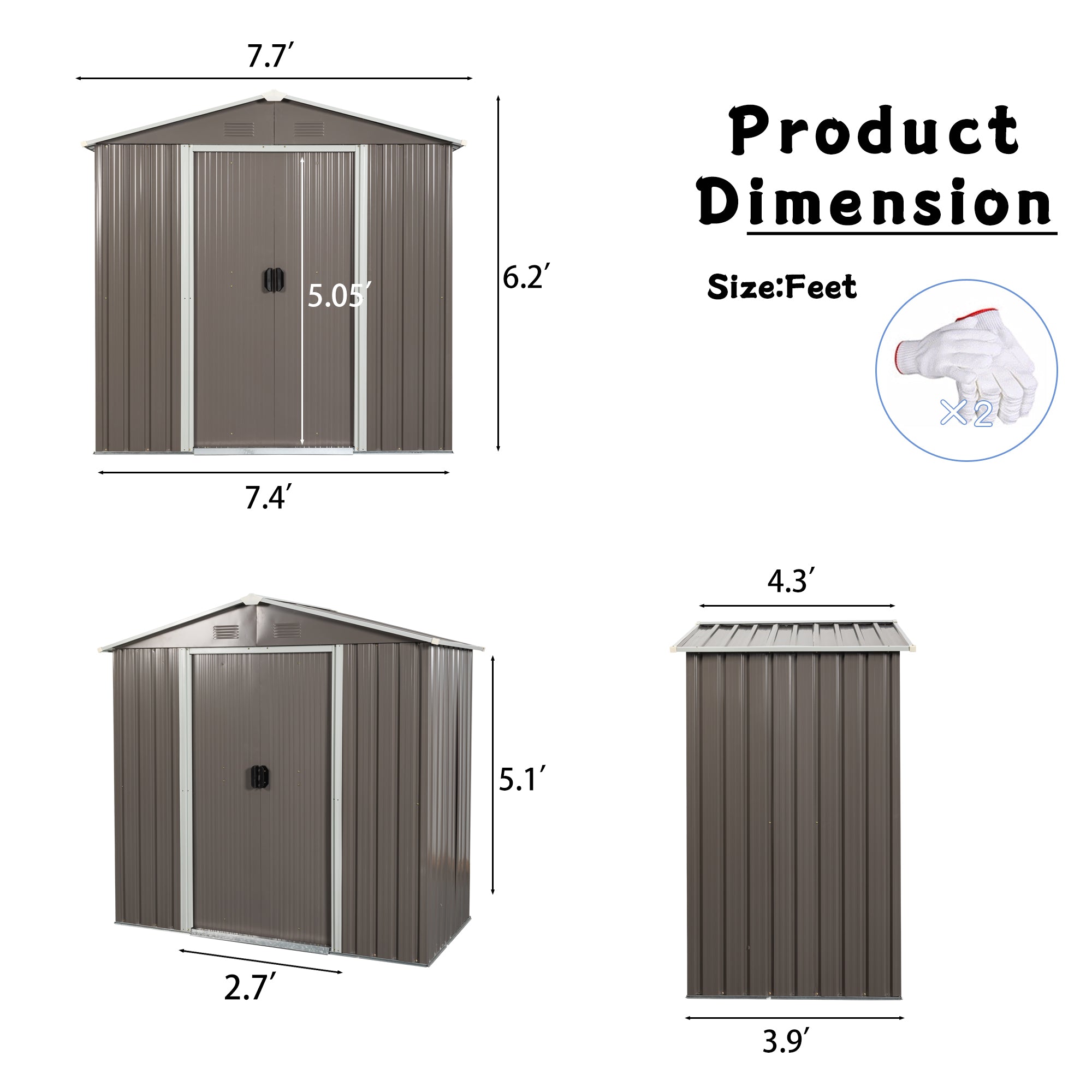 8ft x 4ft Outdoor Storage Shed for Garden Storage with Metal Floor-to-Ceiling Lockable Sliding Door- Grey_8
