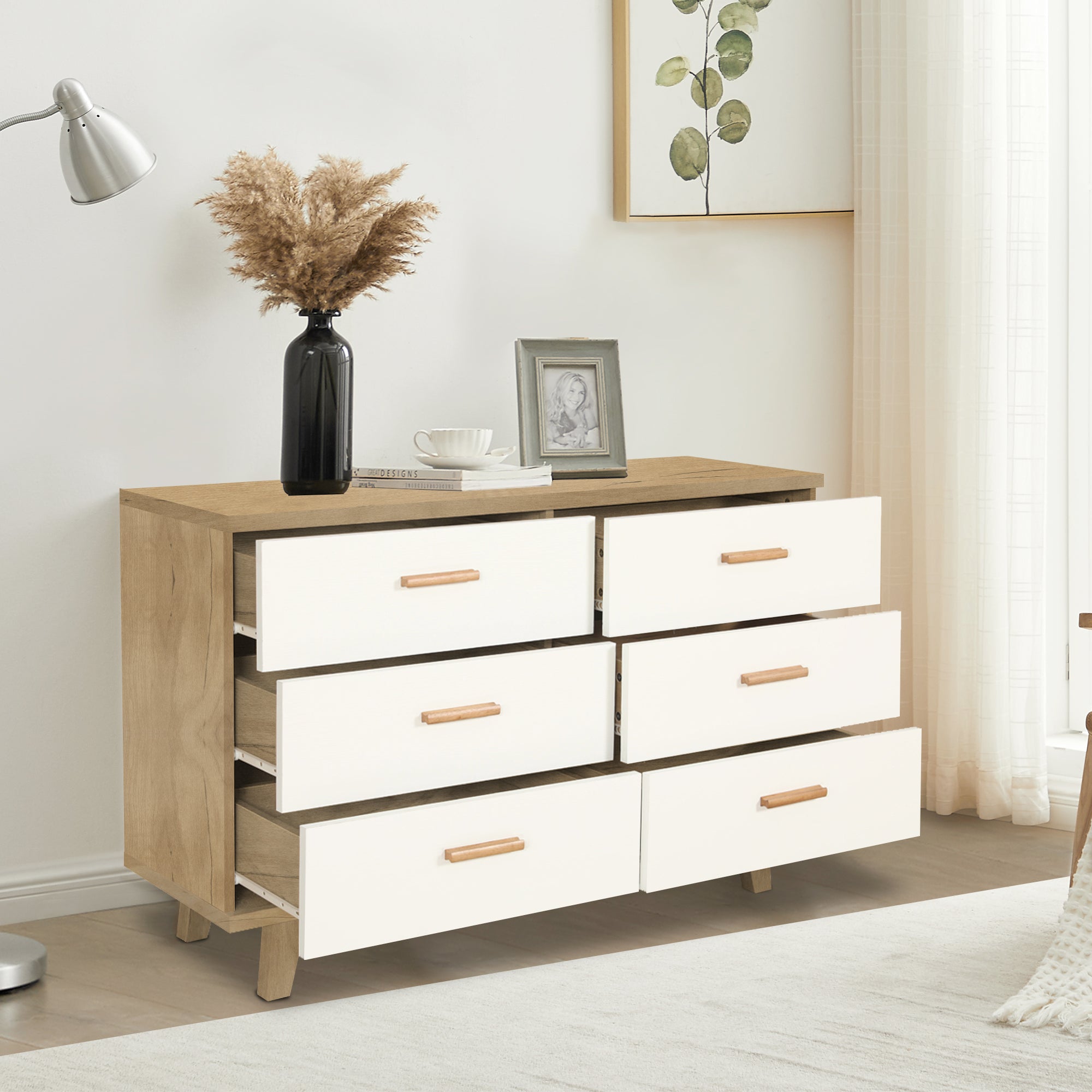 6-Drawer Dresser Storage Cabinet for Bedroom and Living Room Spaces- White Oak_3