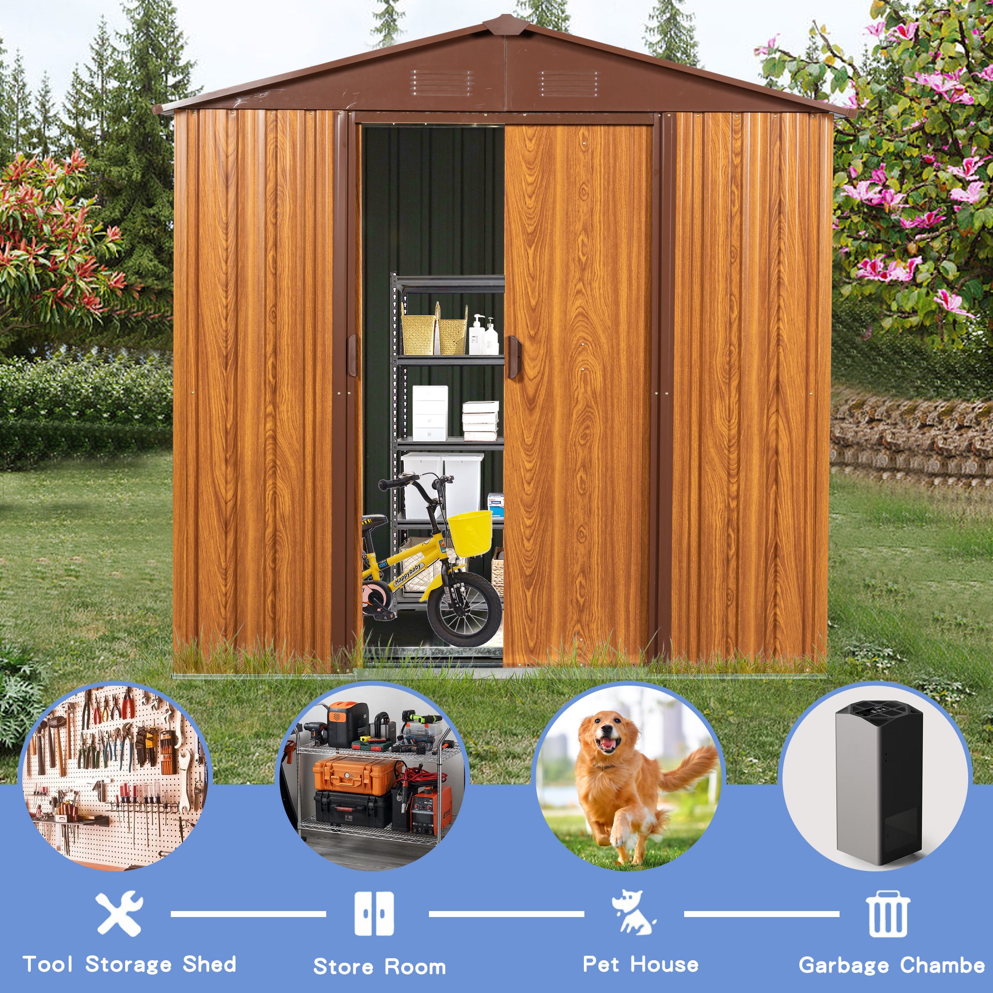 6 Ft. X 6 Ft. Outdoor Storage Shed with Lockable Sliding Door and Horizontal Siding-Yellow Brown_5
