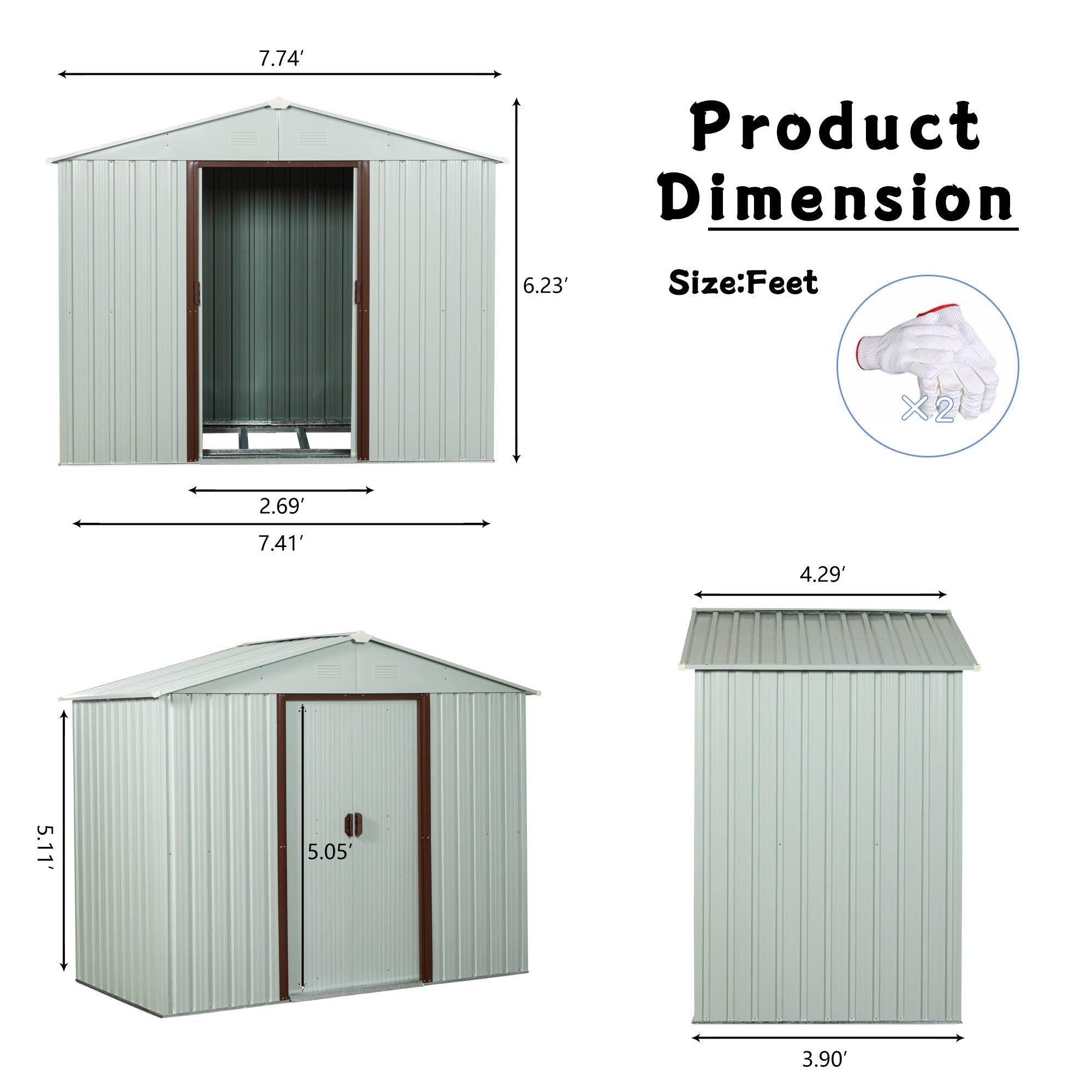 8ft x 4ft Outdoor Metal Garden Storage Shed with Lockable Sliding Door-White_7