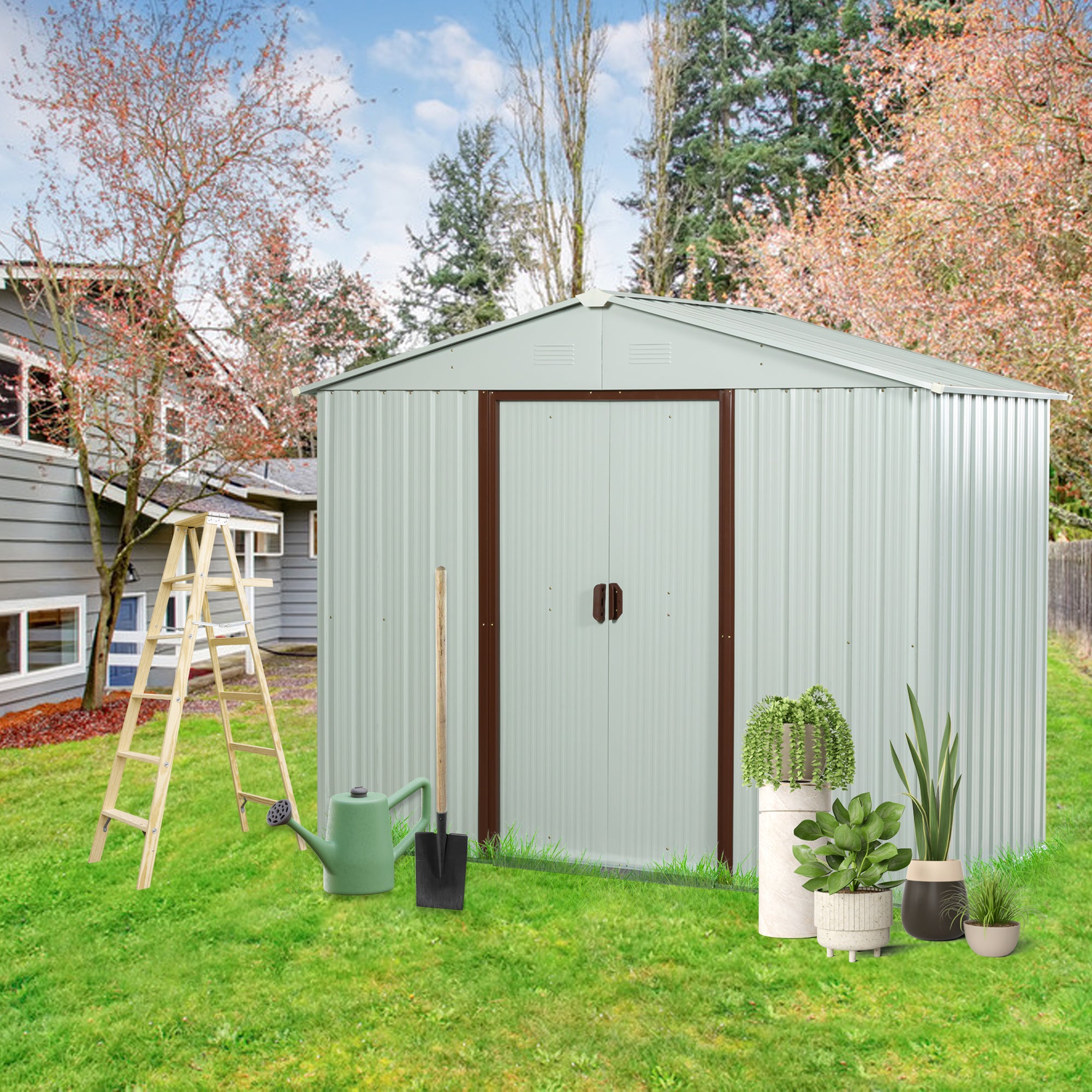 8ft x 4ft Outdoor Metal Garden Storage Shed with Lockable Sliding Door-White_0