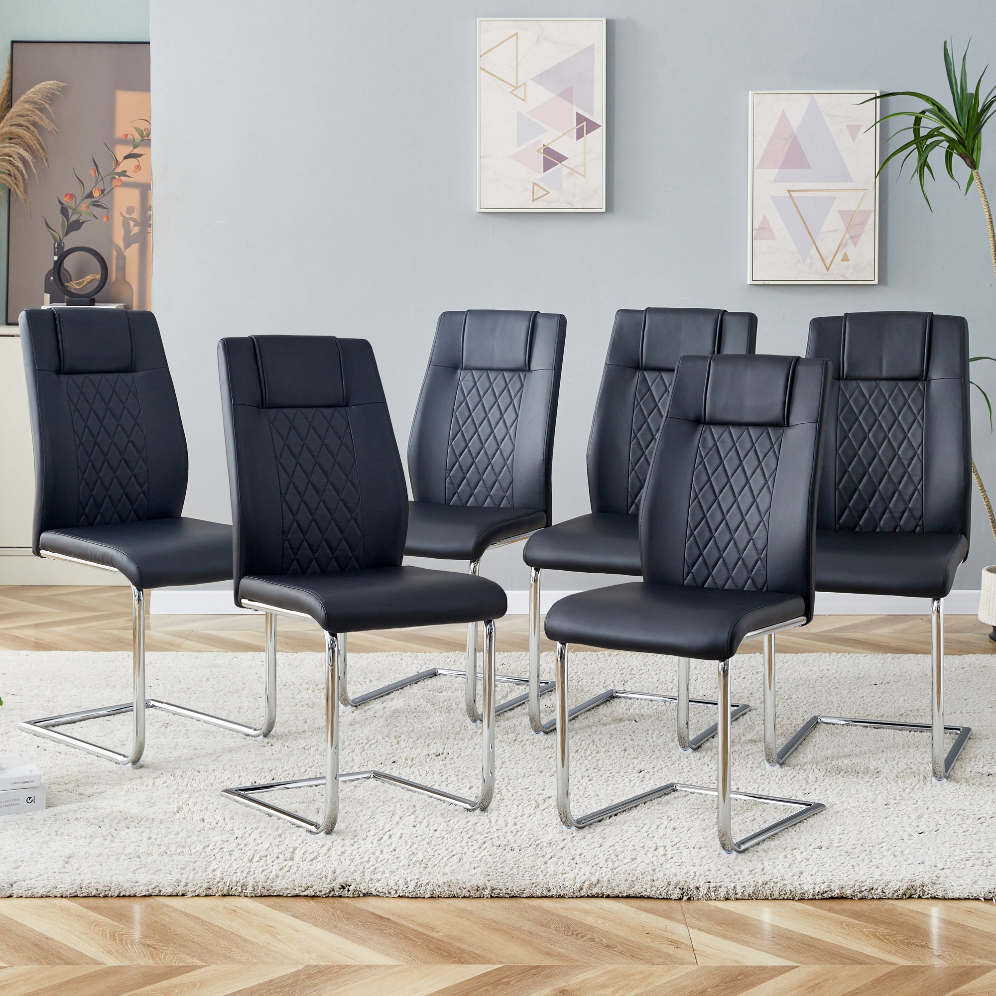 6 Pcs Faux Leather Upholstered Grid High Back Dining Chairs with Metal Base- Black, Silver_1