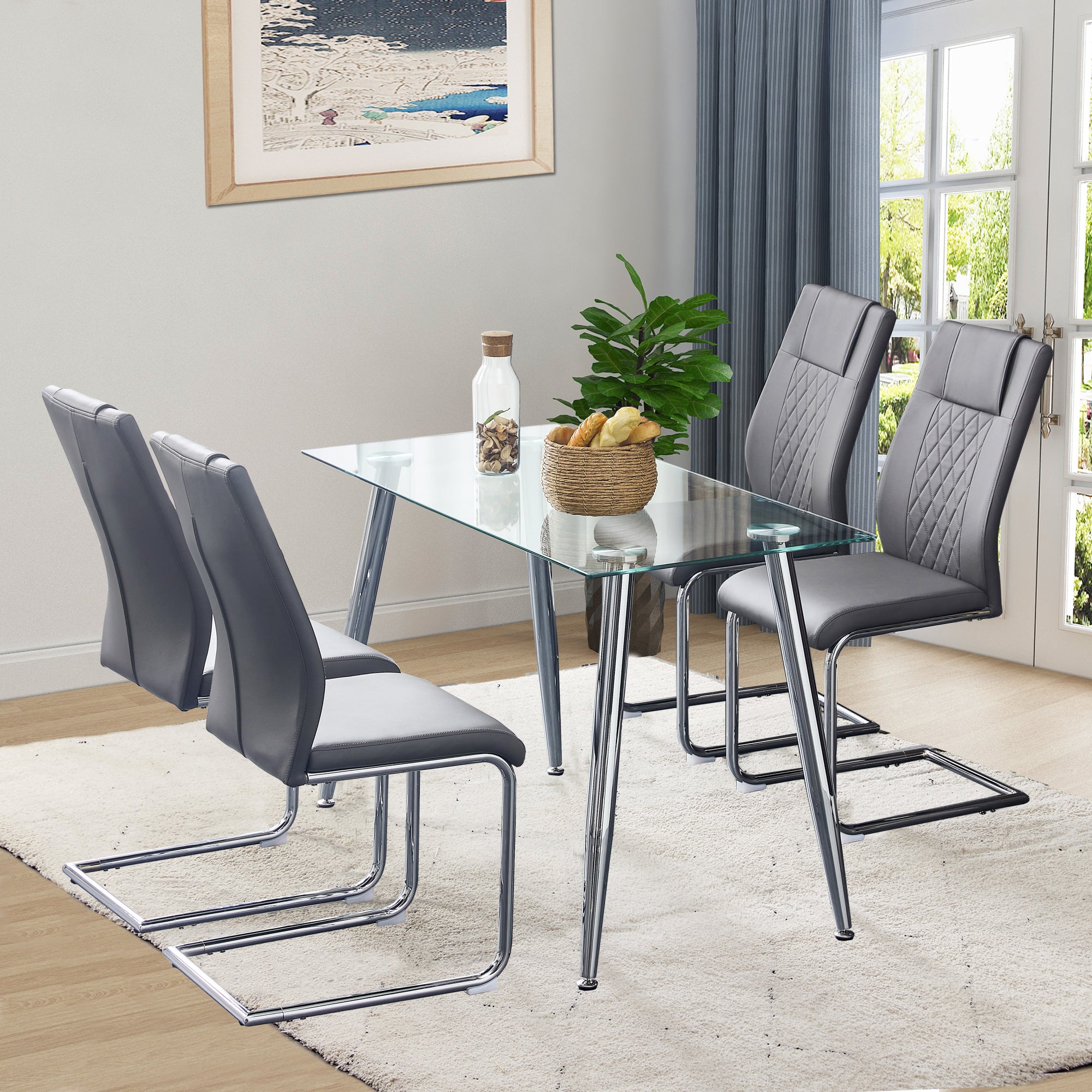 6 Pcs Faux Leather Upholstered Grid High Back Dining Chairs with Metal Base- Grey, Silver_6