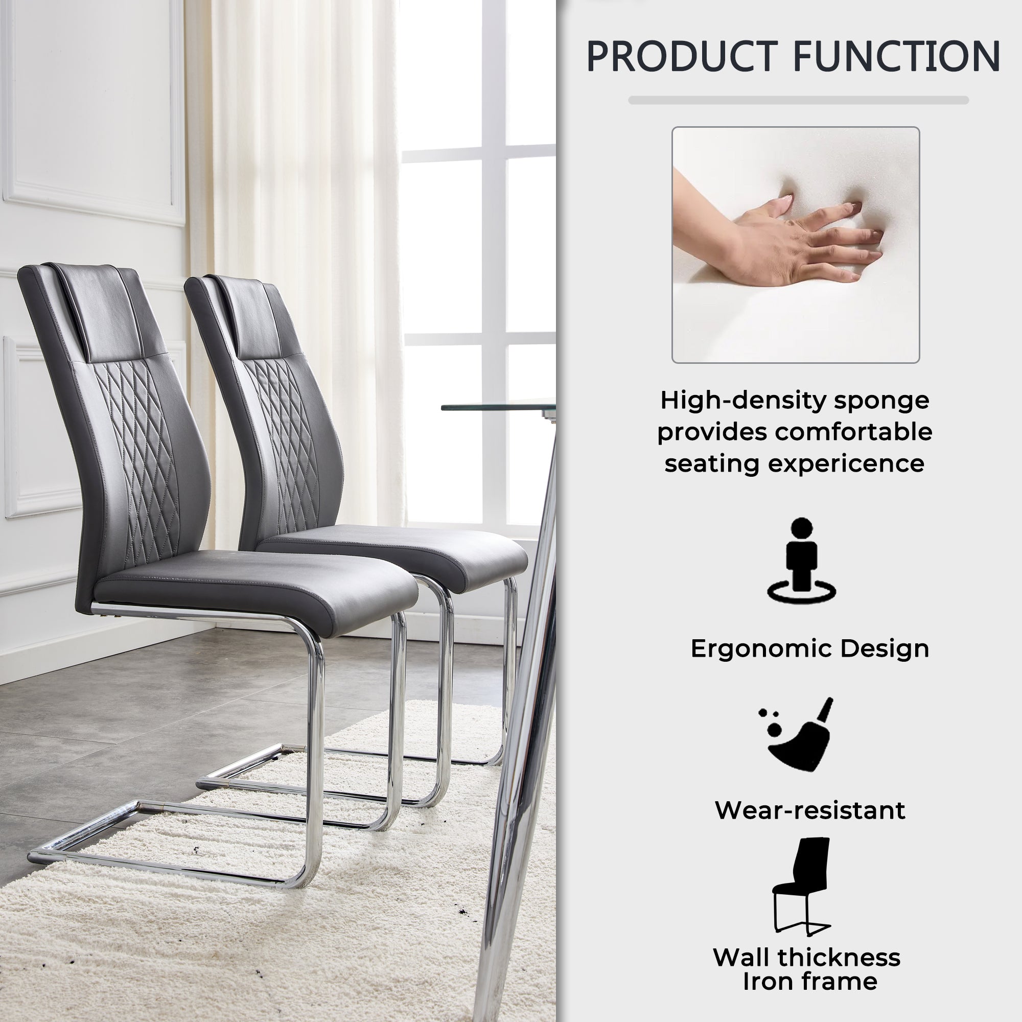 6 Pcs Faux Leather Upholstered Grid High Back Dining Chairs with Metal Base- Grey, Silver_22