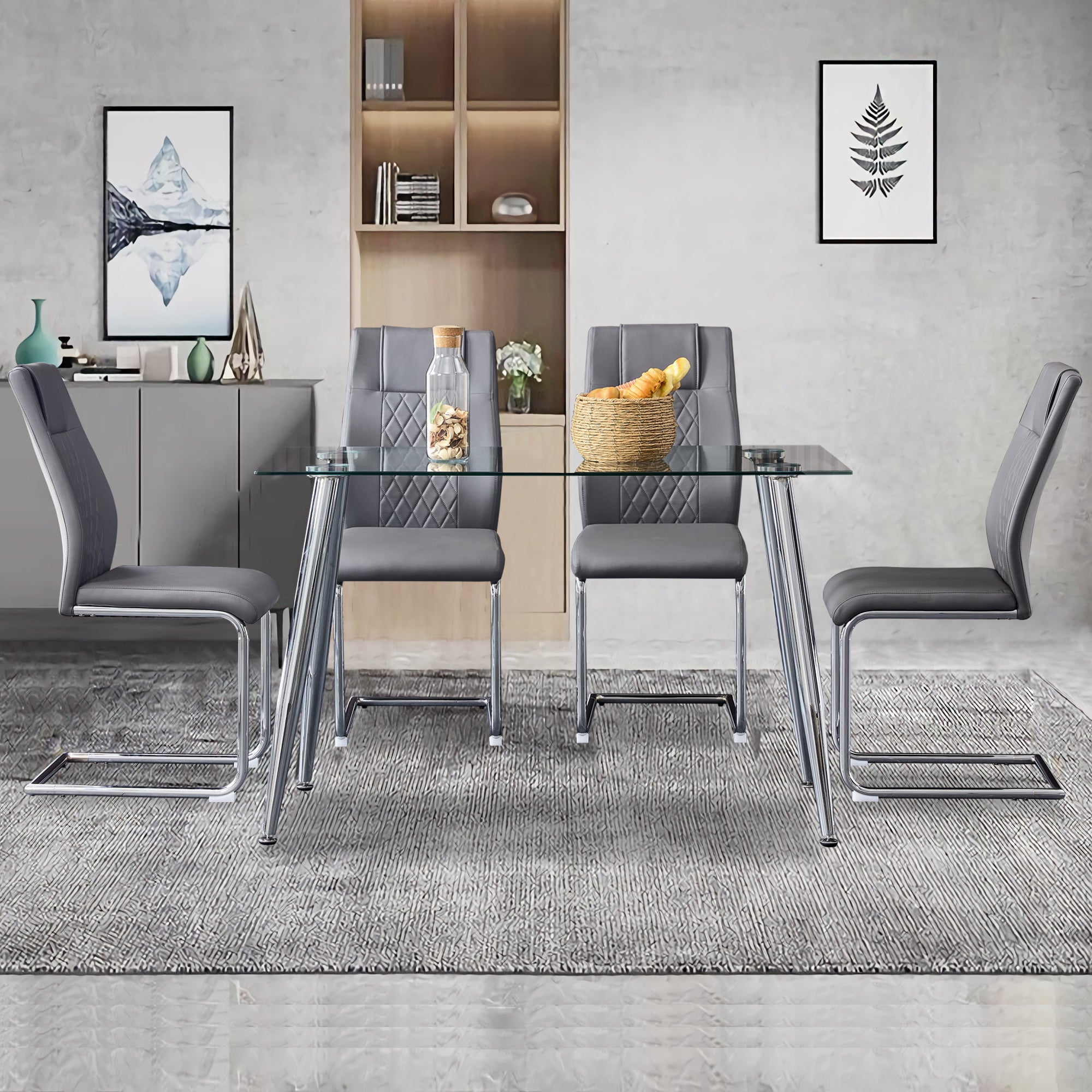 6 Pcs Faux Leather Upholstered Grid High Back Dining Chairs with Metal Base- Grey, Silver_4