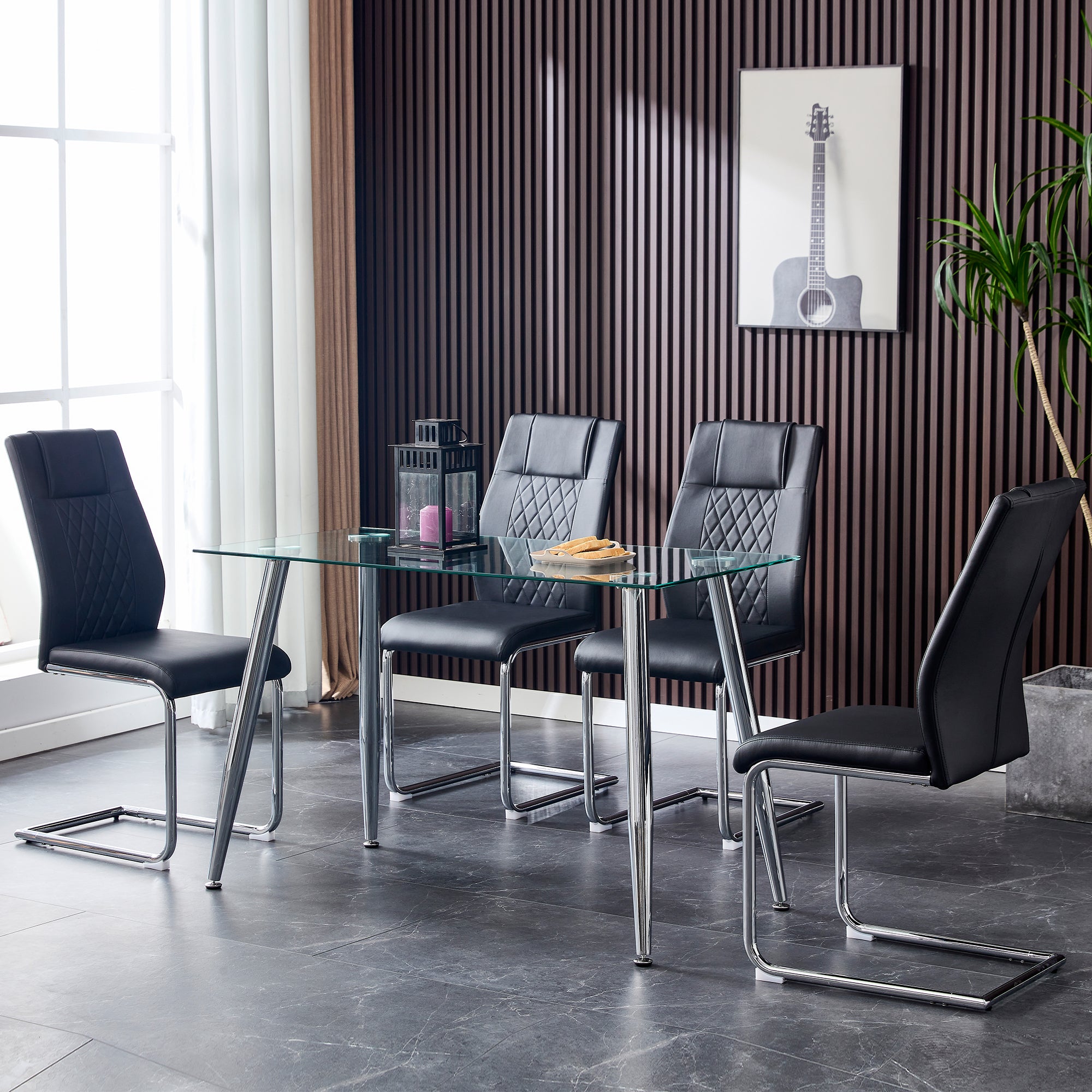 6 Pcs Faux Leather Upholstered Grid High Back Dining Chairs with Metal Base- Black, Silver_8