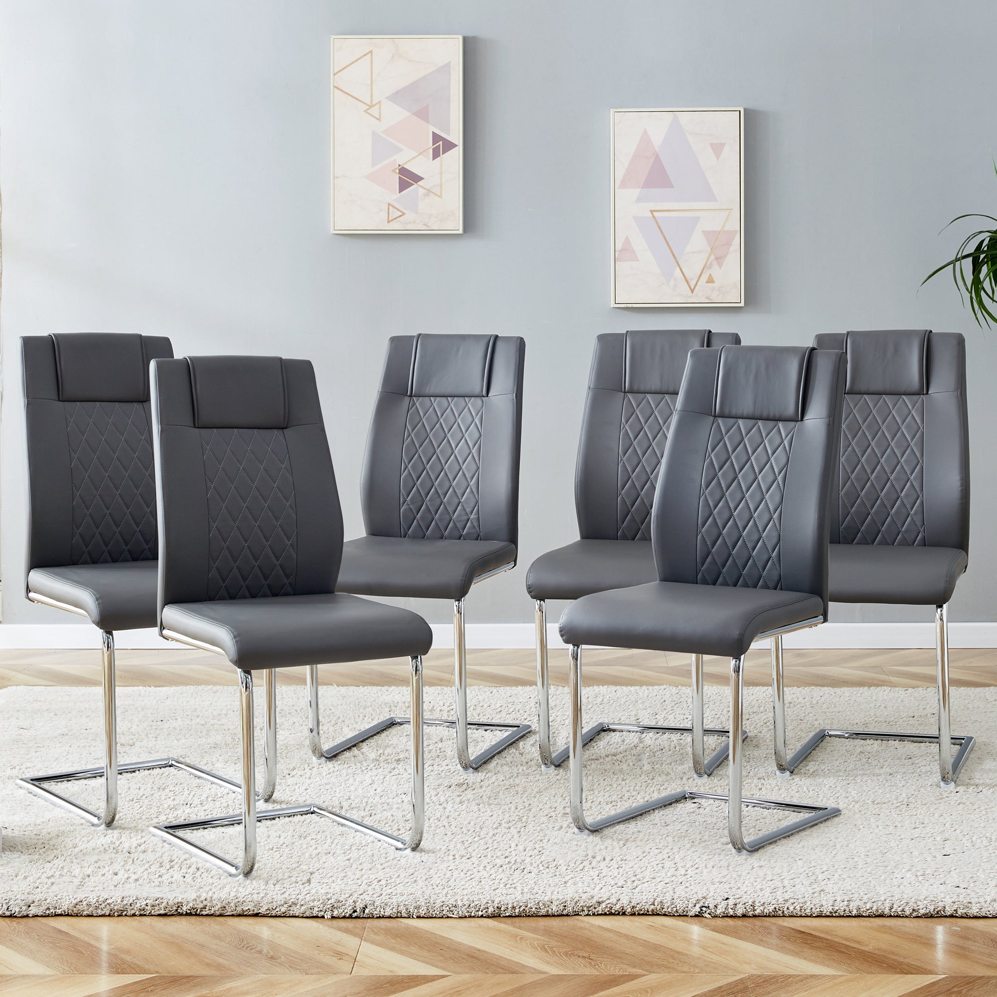 6 Pcs Faux Leather Upholstered Grid High Back Dining Chairs with Metal Base- Grey, Silver_1