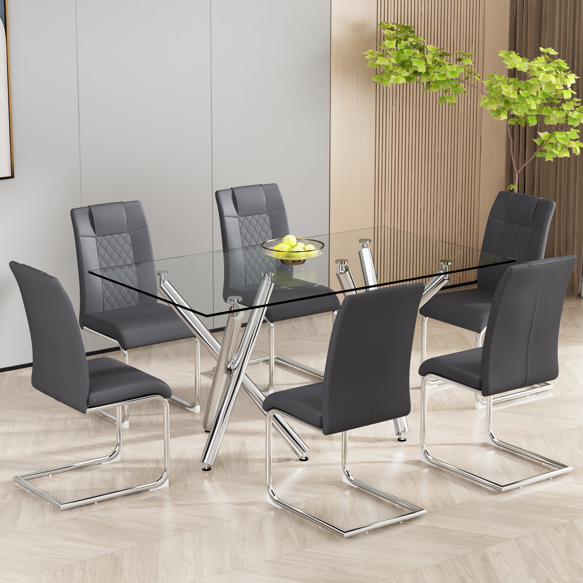 6 Pcs Faux Leather Upholstered Grid High Back Dining Chairs with Metal Base- Grey, Silver_3