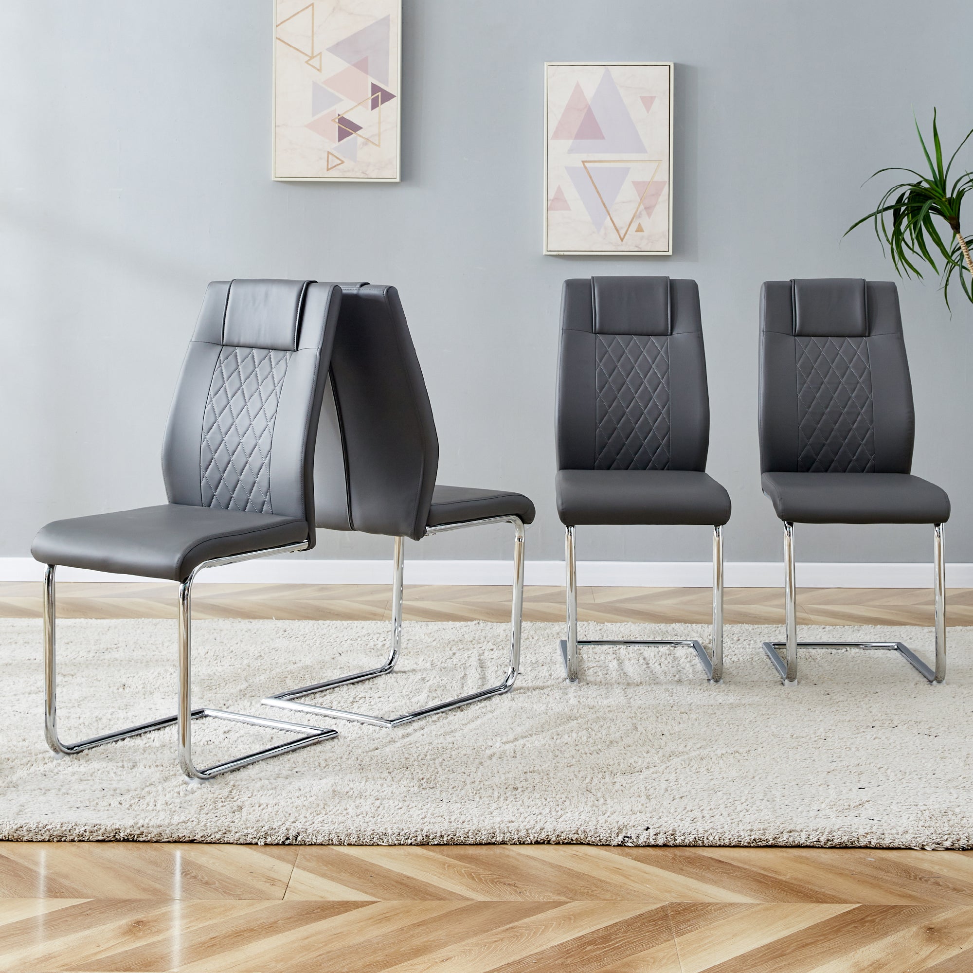 6 Pcs Faux Leather Upholstered Grid High Back Dining Chairs with Metal Base- Grey, Silver_8
