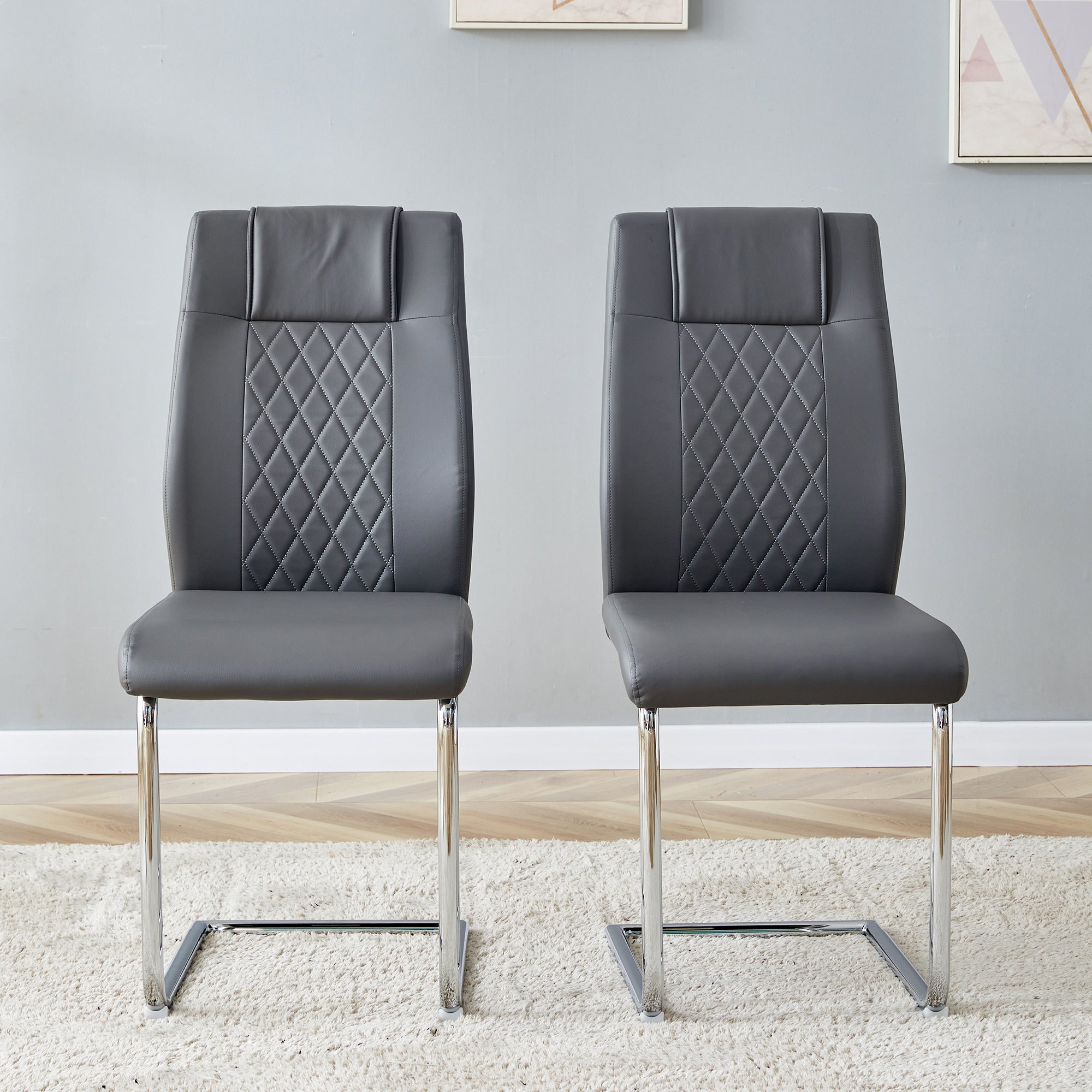 6 Pcs Faux Leather Upholstered Grid High Back Dining Chairs with Metal Base- Grey, Silver_11