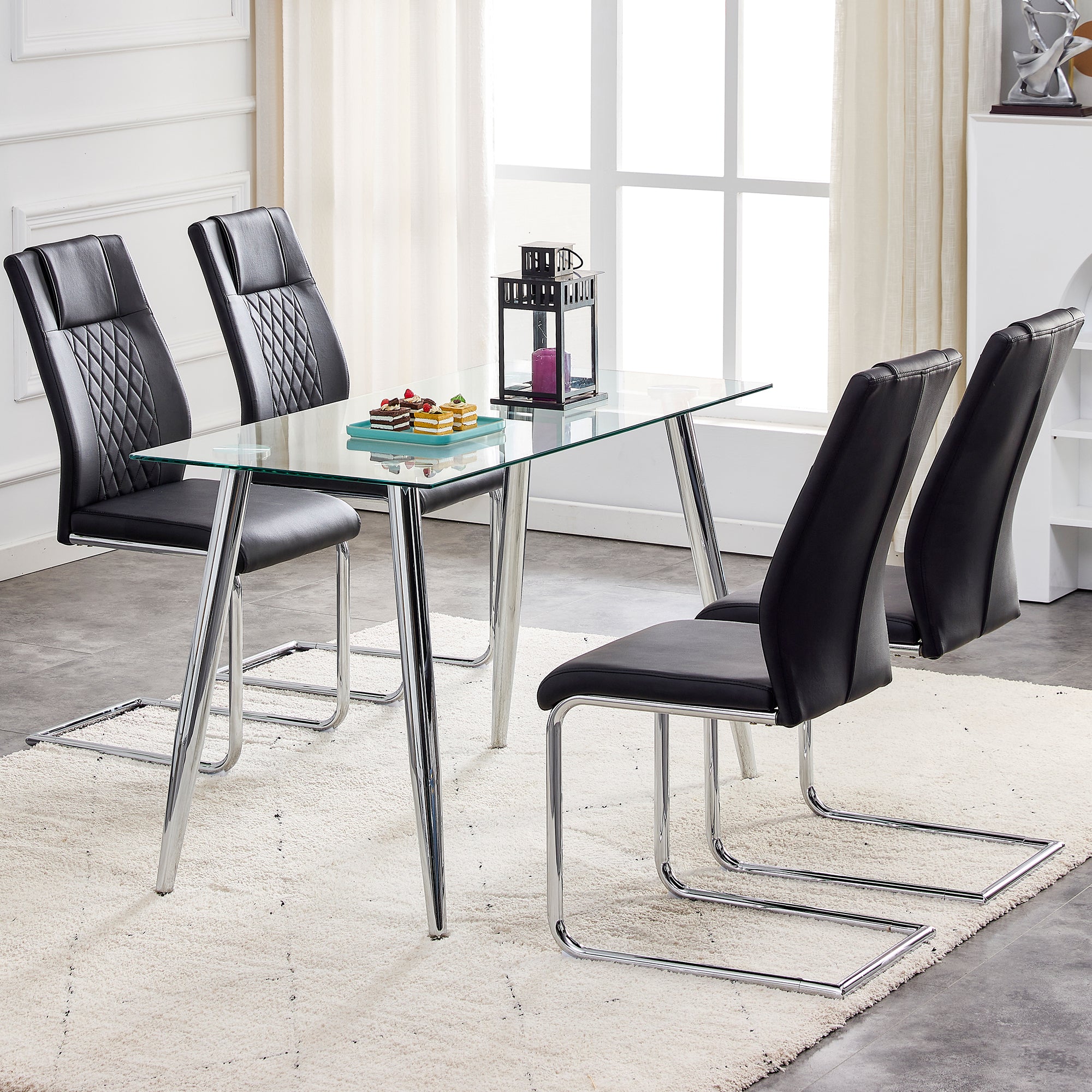 6 Pcs Faux Leather Upholstered Grid High Back Dining Chairs with Metal Base- Black, Silver_6