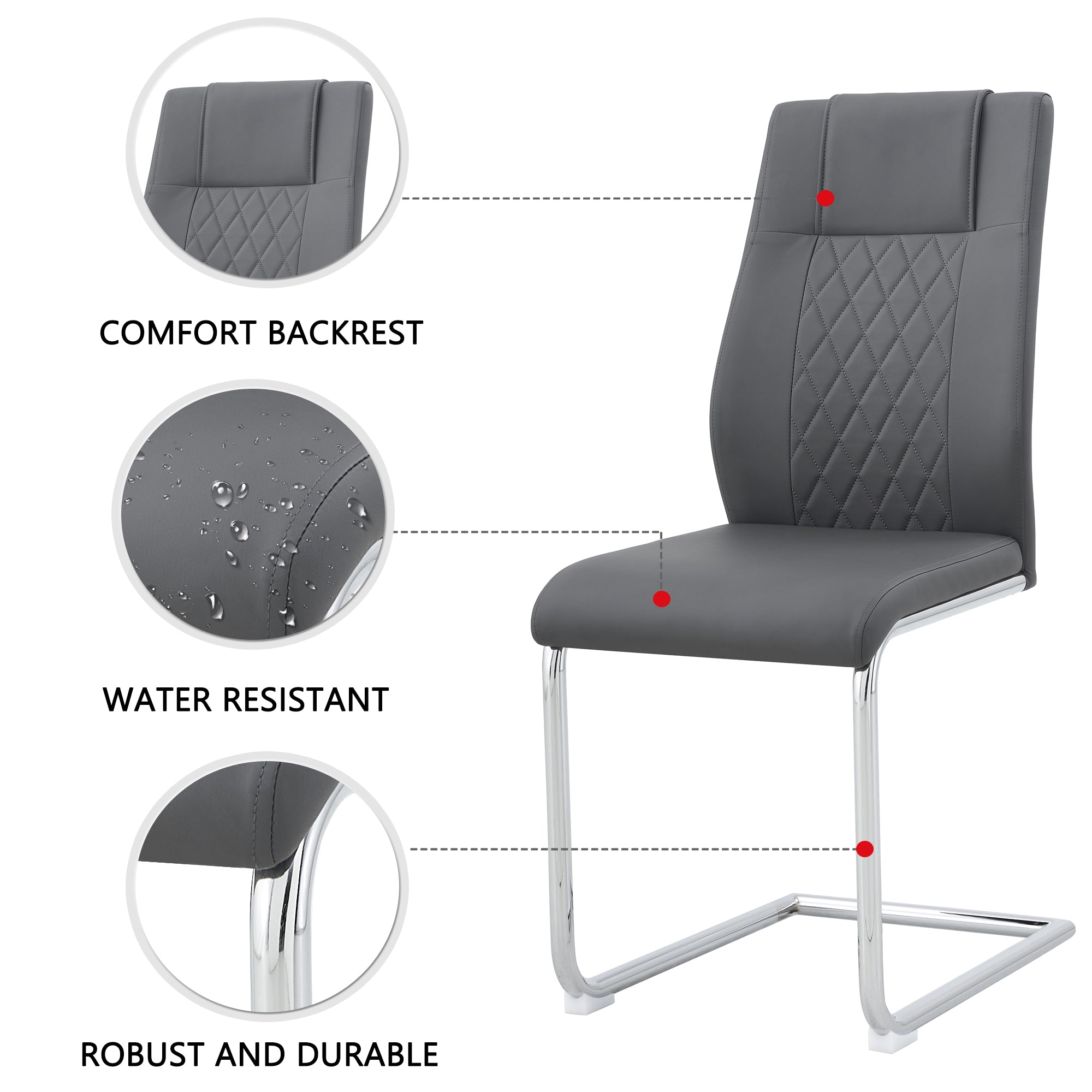 6 Pcs Faux Leather Upholstered Grid High Back Dining Chairs with Metal Base- Grey, Silver_23