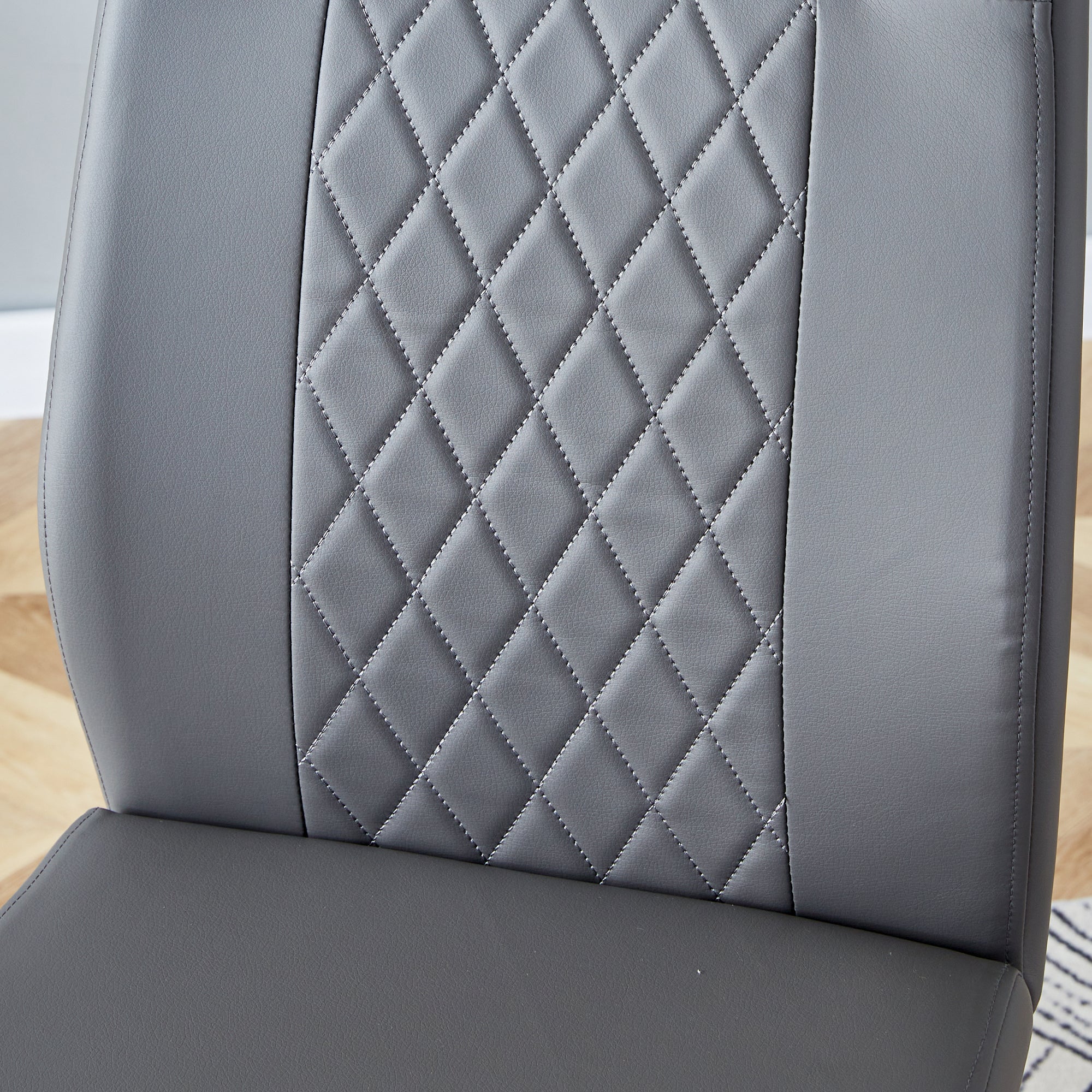 6 Pcs Faux Leather Upholstered Grid High Back Dining Chairs with Metal Base- Grey, Silver_14
