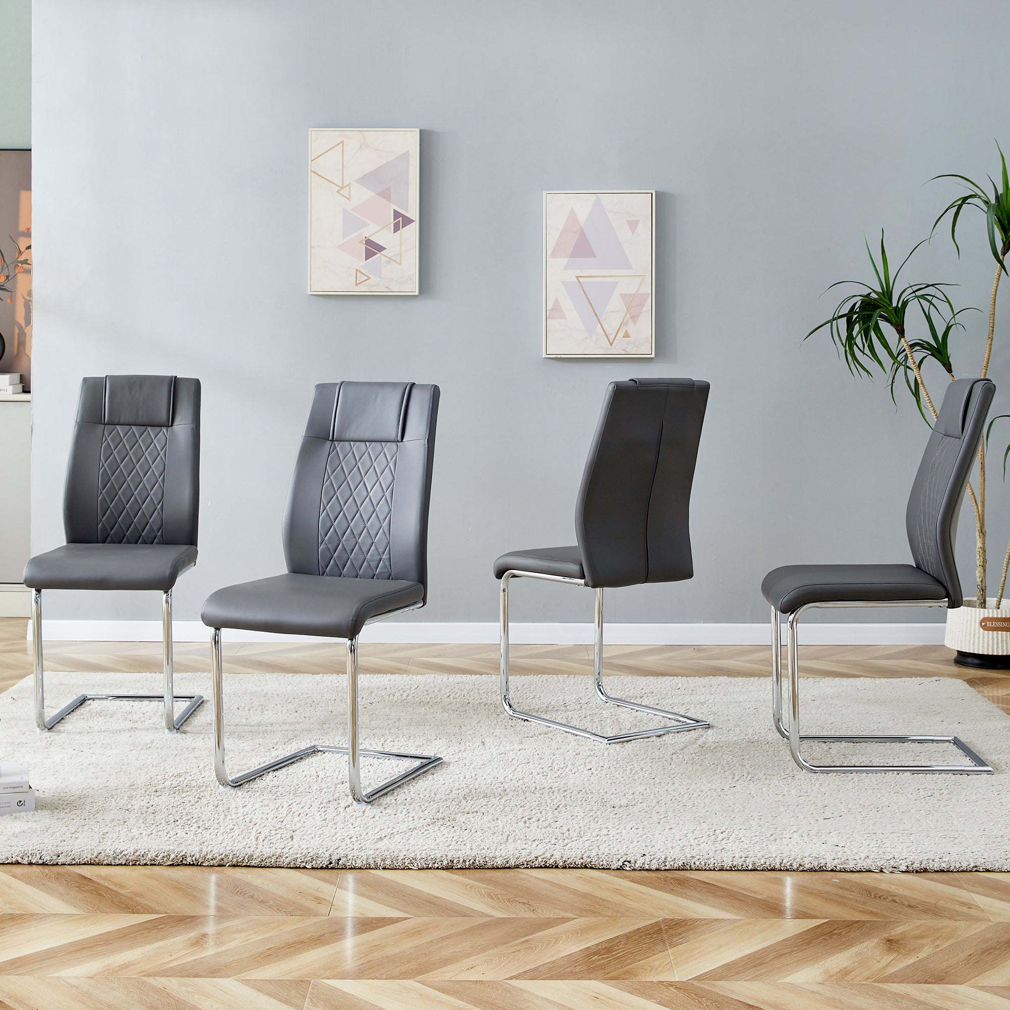 6 Pcs Faux Leather Upholstered Grid High Back Dining Chairs with Metal Base- Grey, Silver_7