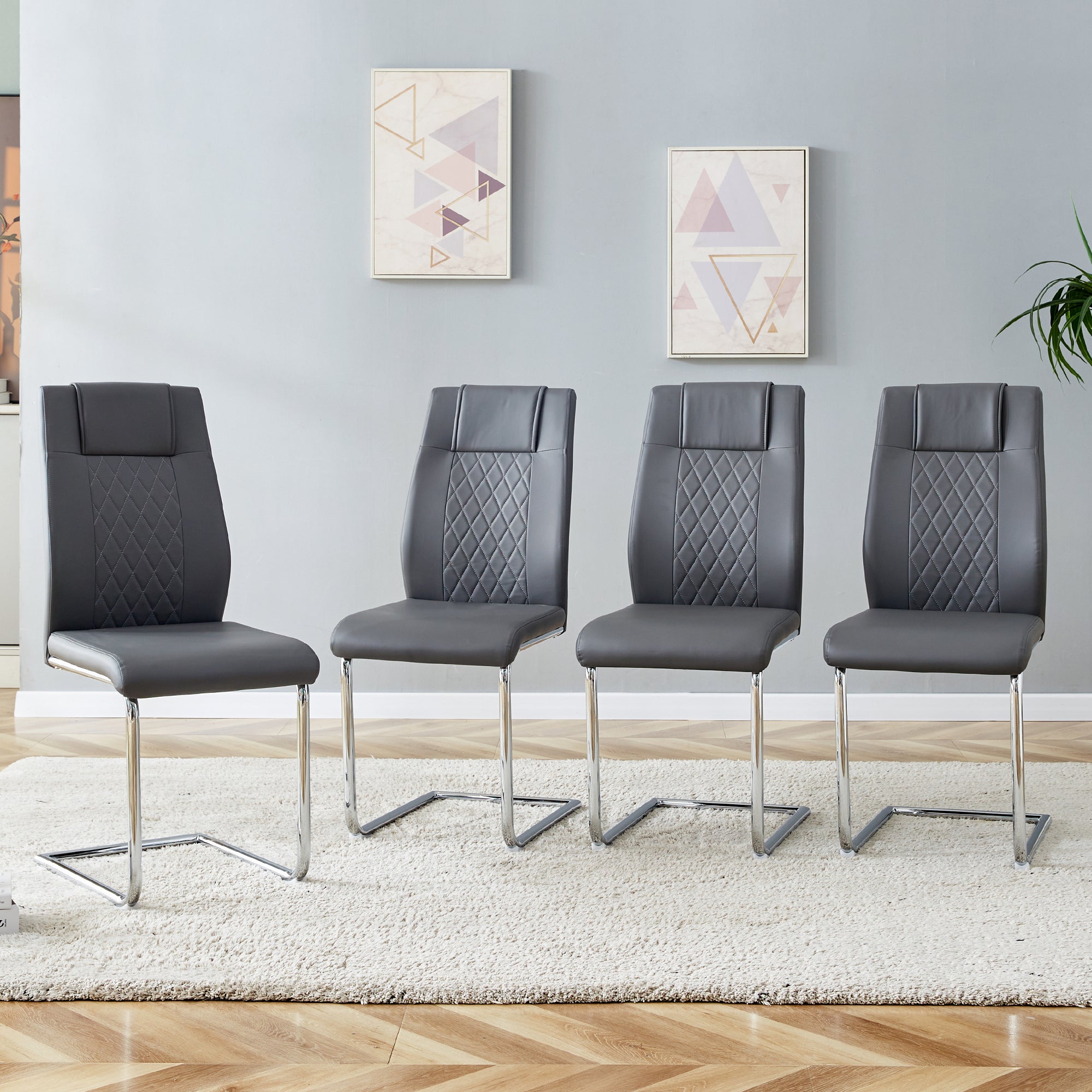 6 Pcs Faux Leather Upholstered Grid High Back Dining Chairs with Metal Base- Grey, Silver_9