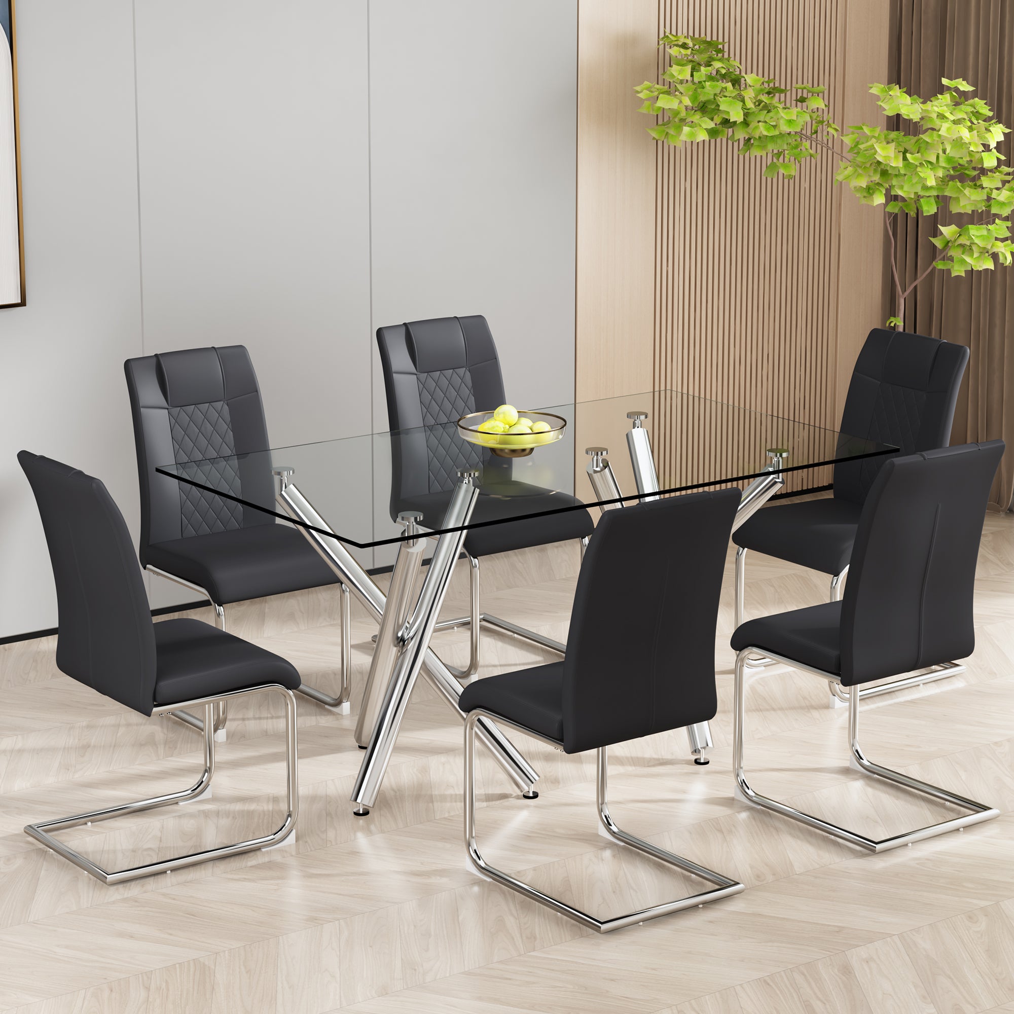6 Pcs Faux Leather Upholstered Grid High Back Dining Chairs with Metal Base- Black, Silver_2