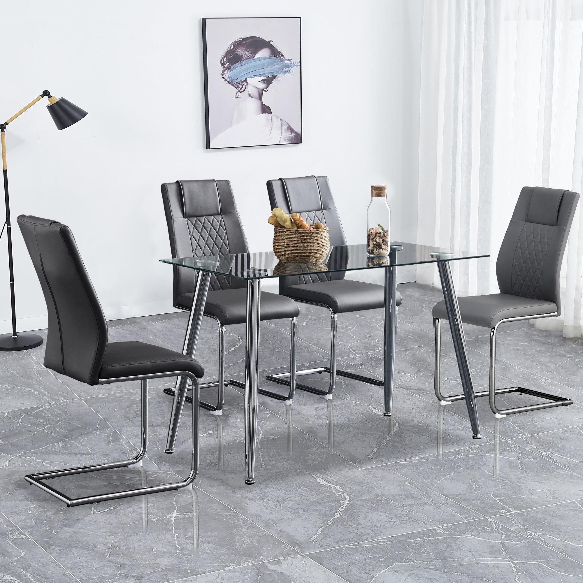 6 Pcs Faux Leather Upholstered Grid High Back Dining Chairs with Metal Base- Grey, Silver_5