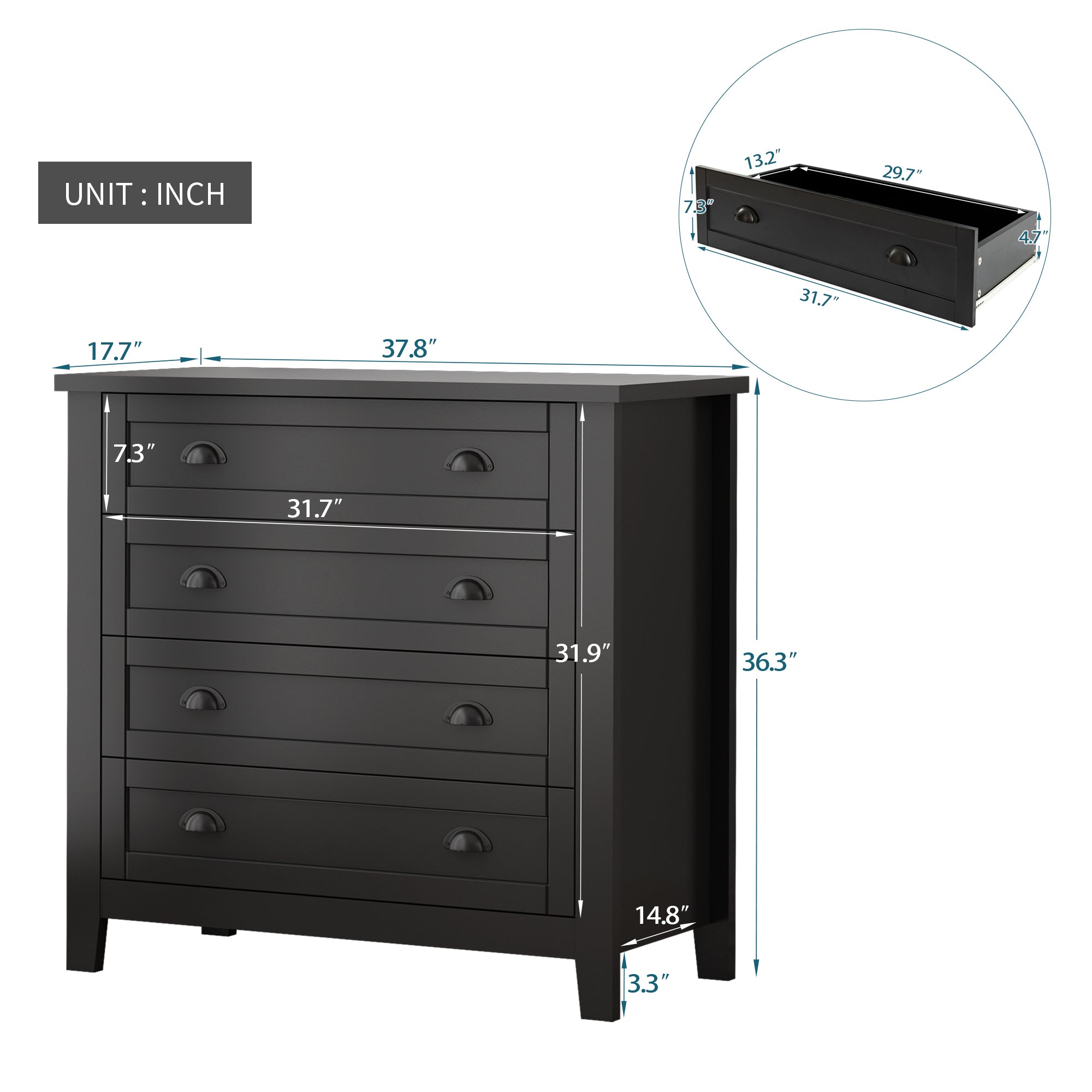 Antique Wide 6 Drawer Storage Dresser with Solid Wood Frame- Black_6
