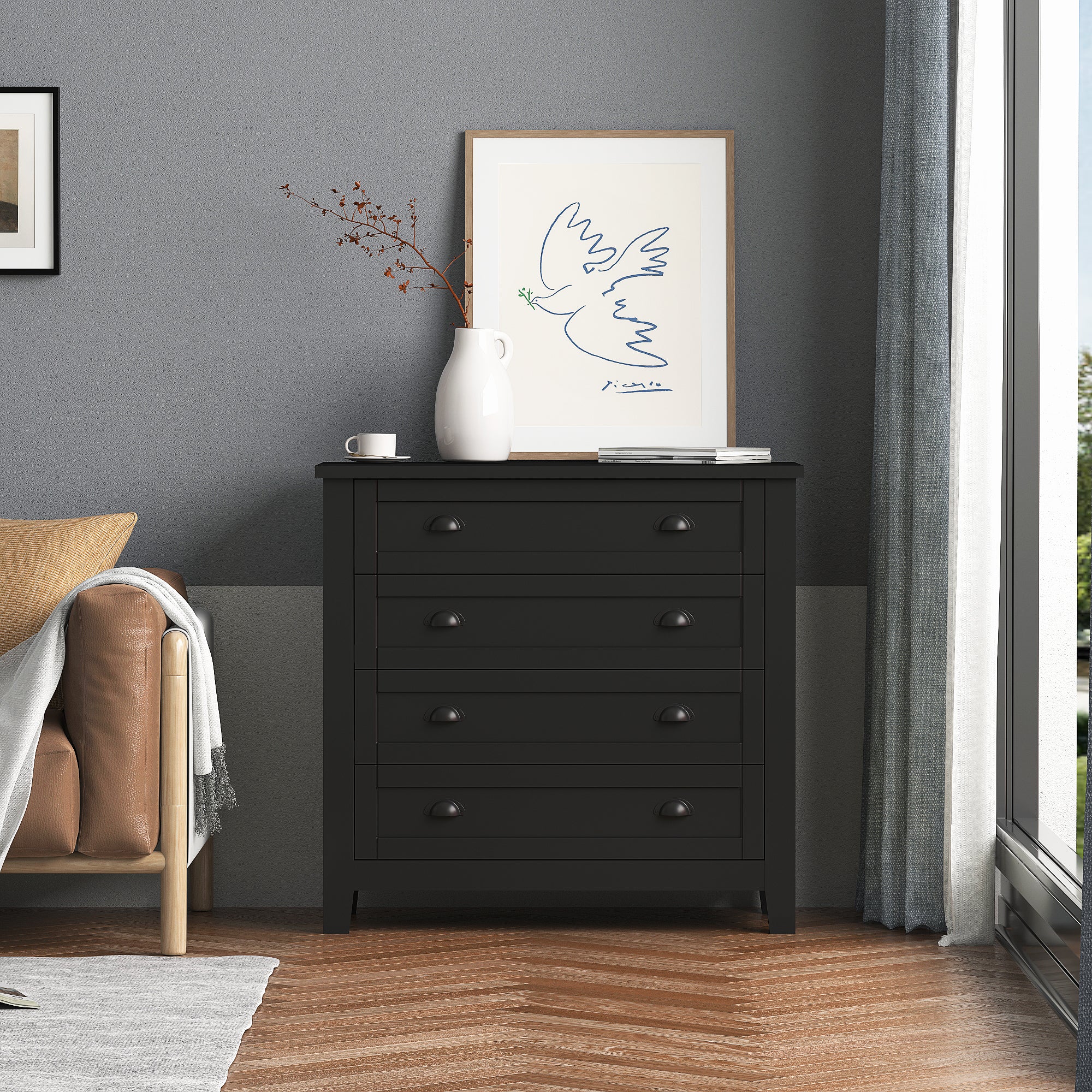 Antique Wide 6 Drawer Storage Dresser with Solid Wood Frame- Black_2