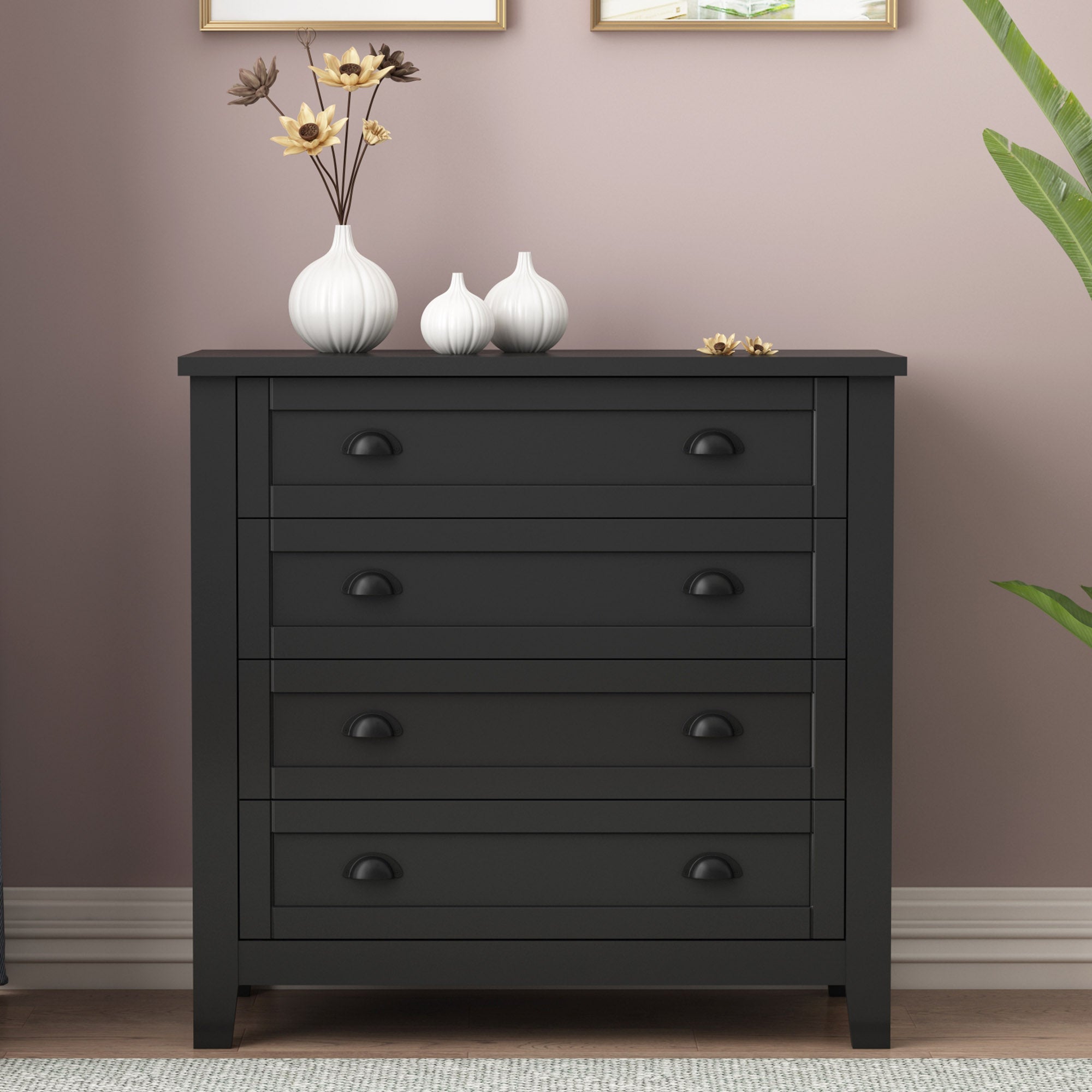 Antique Wide 6 Drawer Storage Dresser with Solid Wood Frame- Black_0