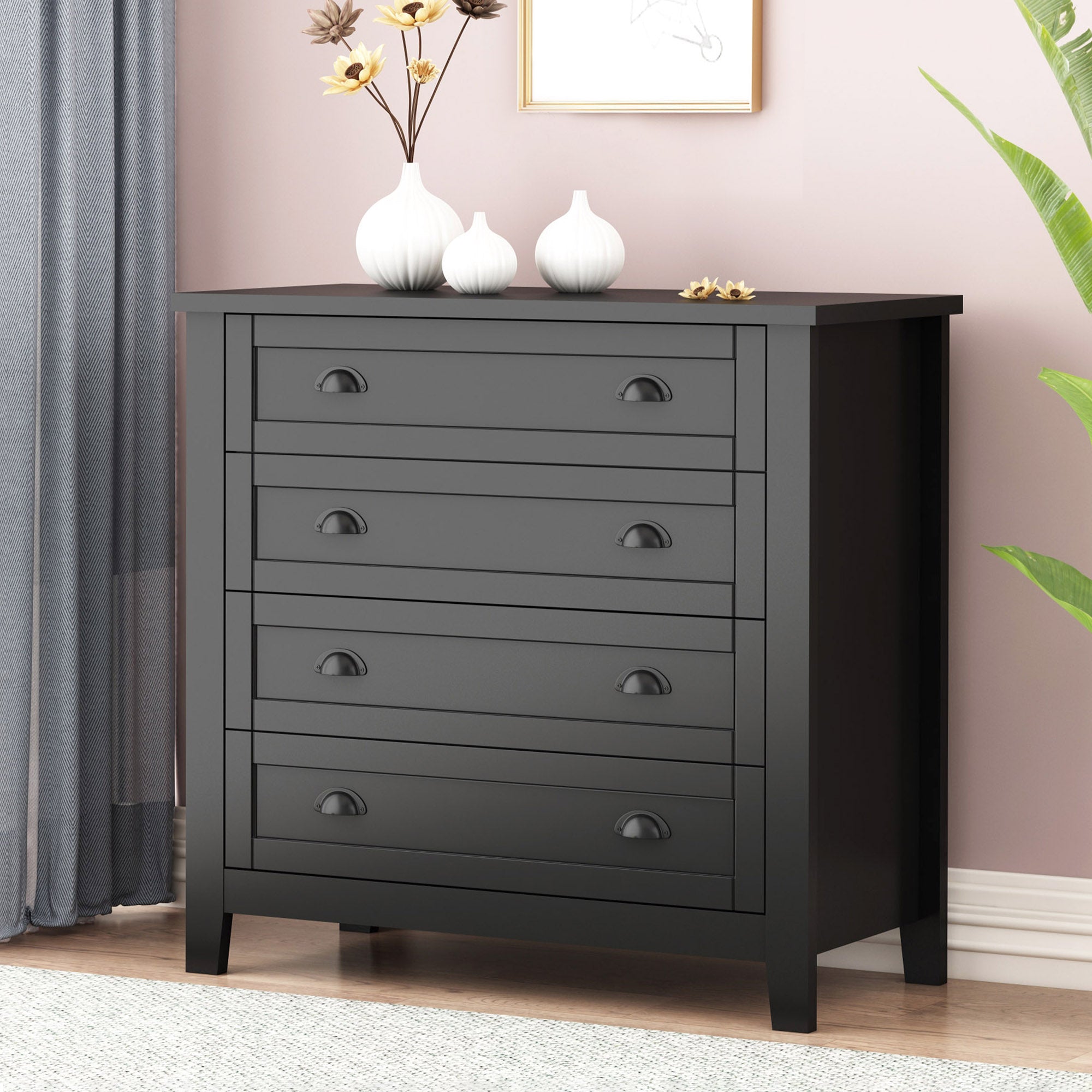 Antique Wide 6 Drawer Storage Dresser with Solid Wood Frame- Black_1