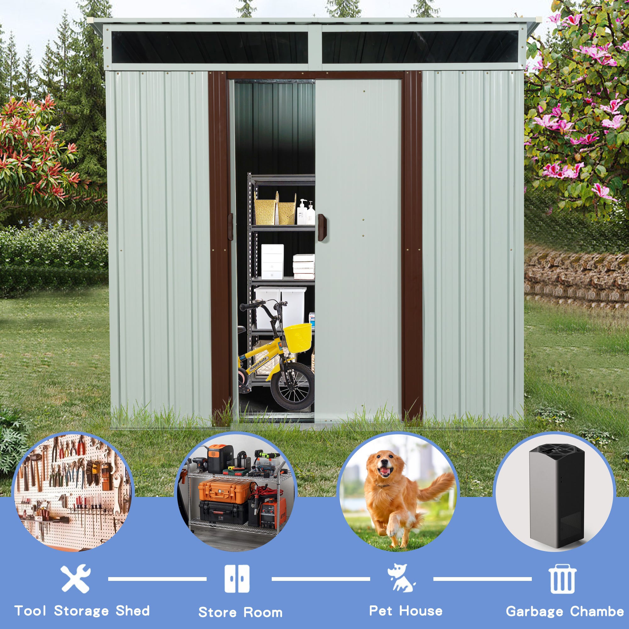 6ft x 5ft Outdoor Storage Shed for Garden with Lockable Sliding Door-White_5