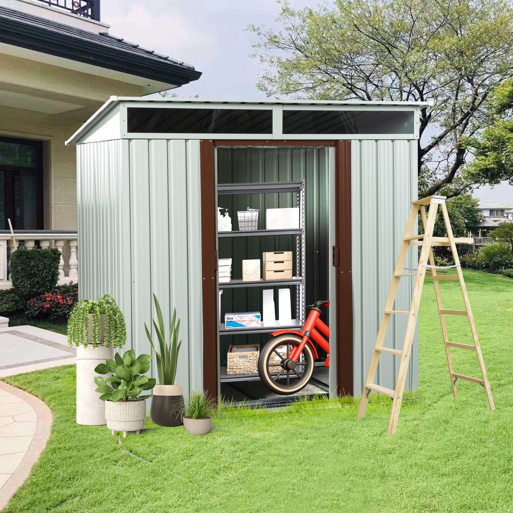 6ft x 5ft Outdoor Storage Shed for Garden with Lockable Sliding Door-White_1