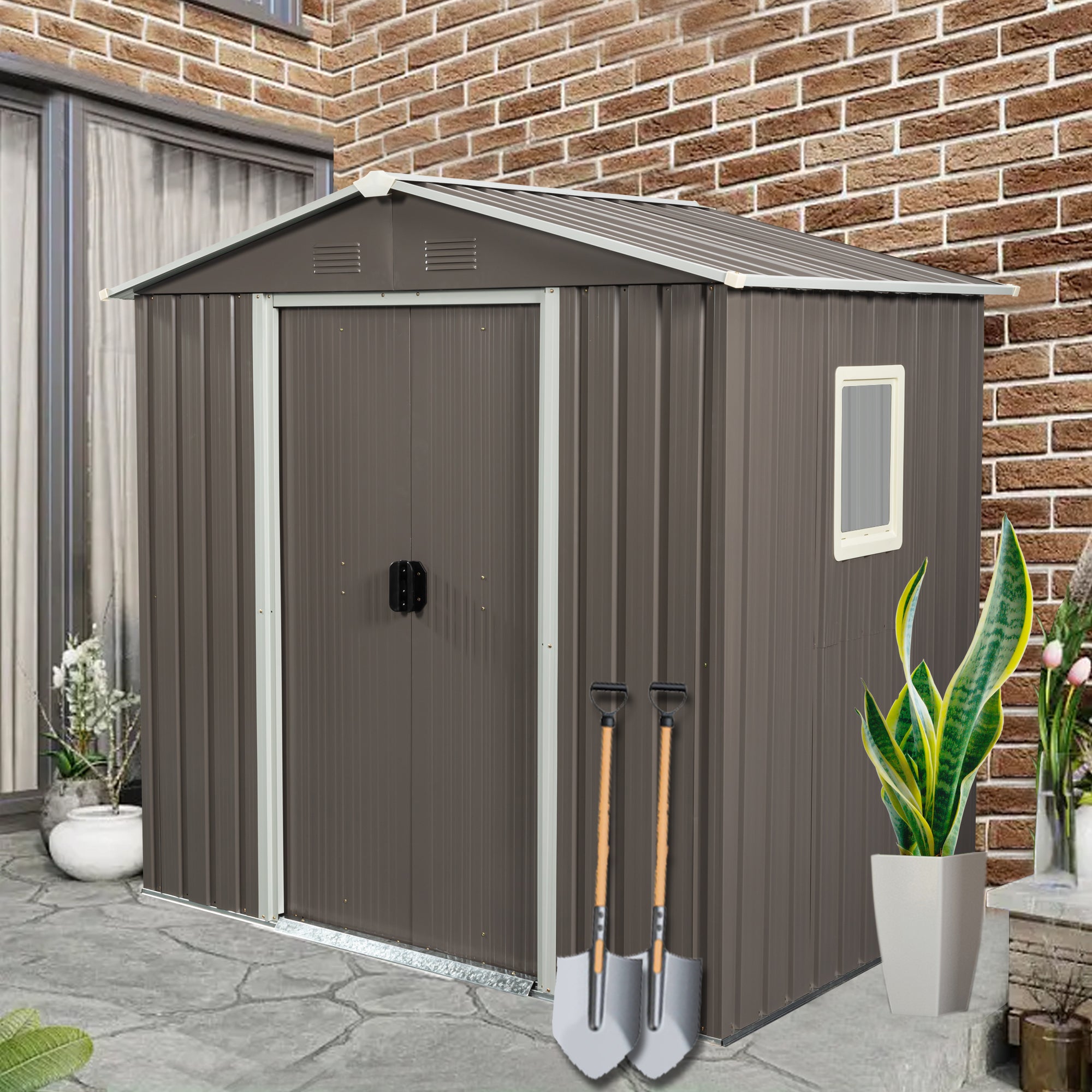 6ft x 5ft  Outdoor Storage Shed for Garden with  Window and Lockable Sliding Door- Gray_1