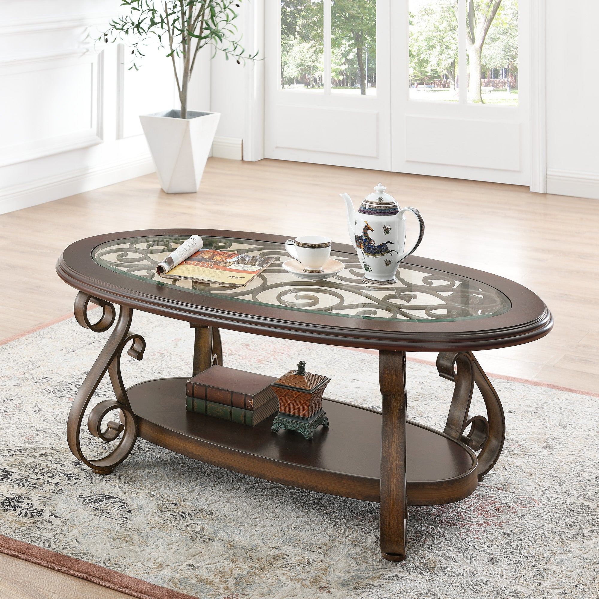 Elegant Coffee Table with Tempered Glass Top & Carved Metal Legs- Dark Brown_1