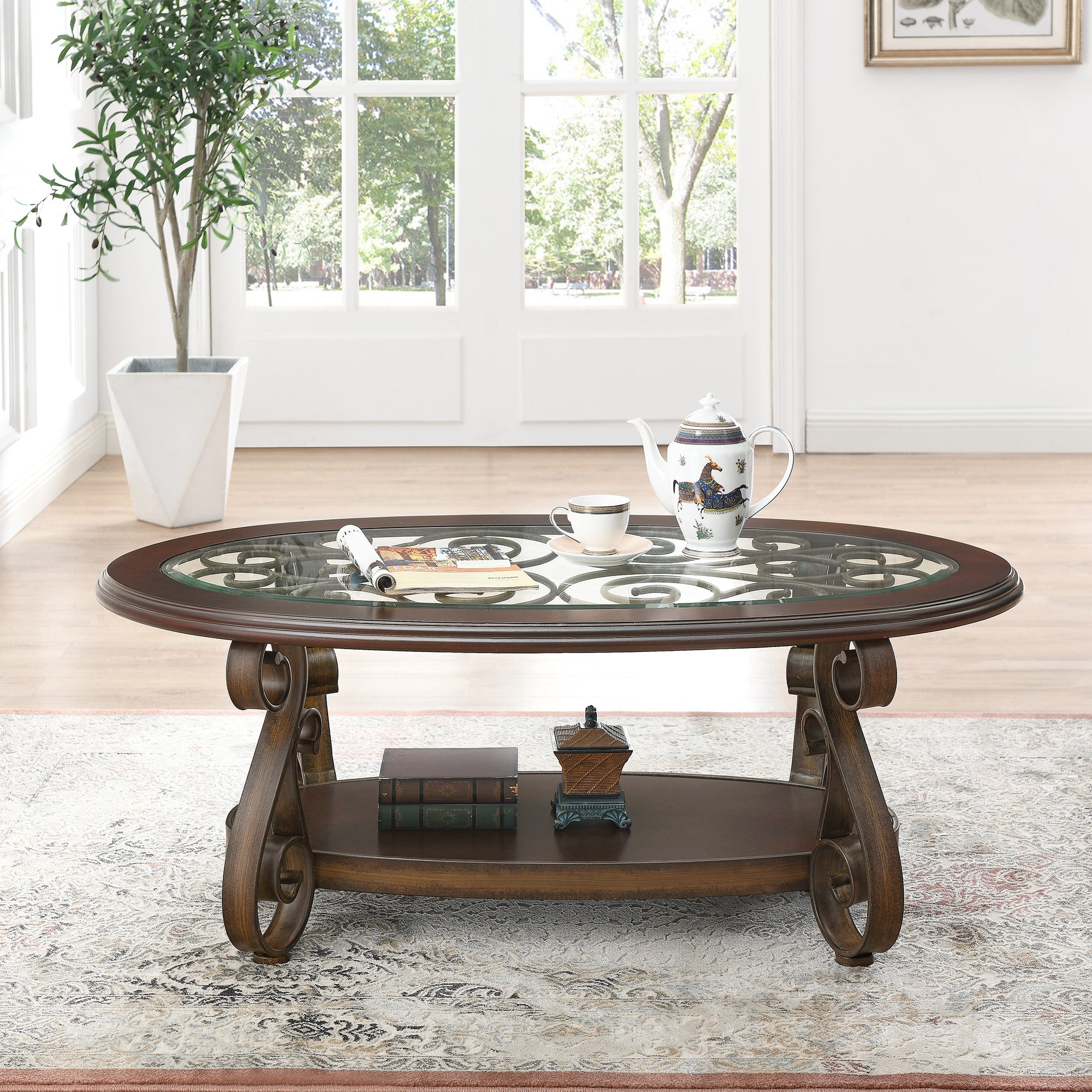 Elegant Coffee Table with Tempered Glass Top & Carved Metal Legs- Dark Brown_2