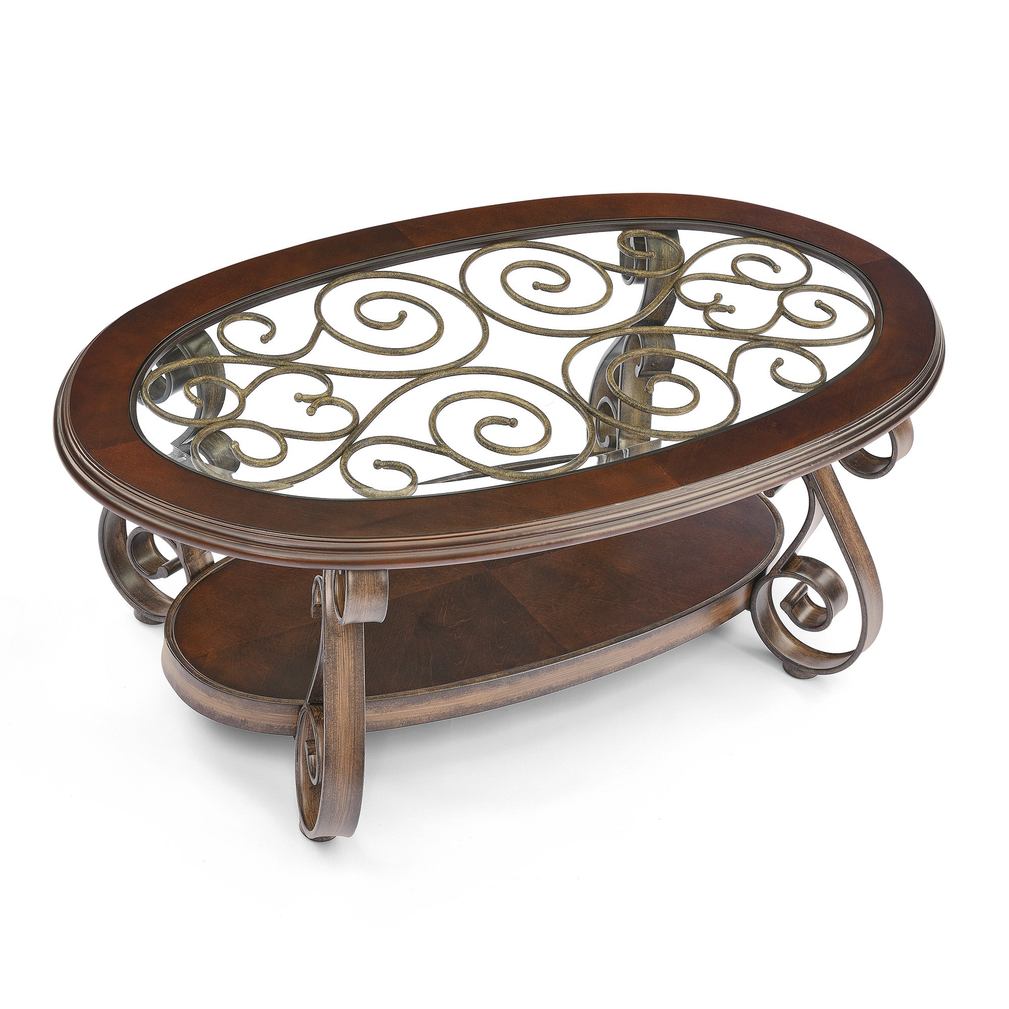Elegant Coffee Table with Tempered Glass Top & Carved Metal Legs- Dark Brown_5